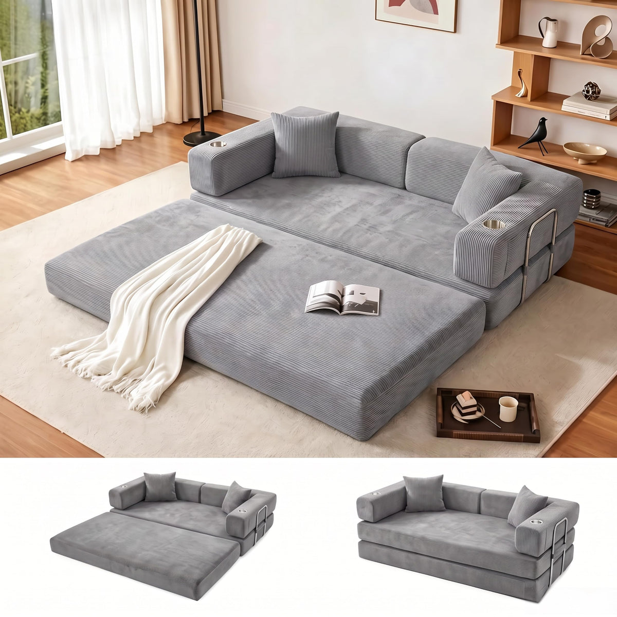 Convertible Sofa Bed, Boneless Couch with Cup Holders for Living Room