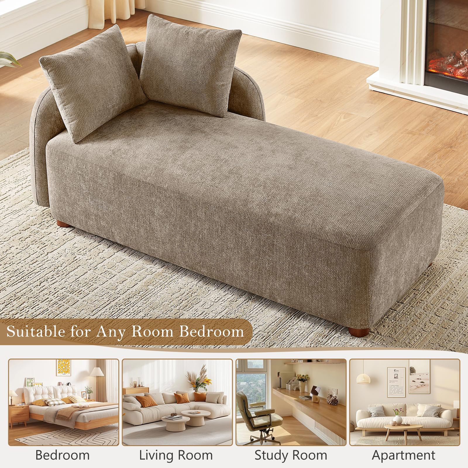 Arcrinte 68.9" Oversized Chaise Lounge Chair Indoor, Comfy Chenille Reading Chair Daybed, Upholstered Left Facing Sleeper Sofa with 2 Pillows, Lounge Sofa Chair for Living Room Bedroom