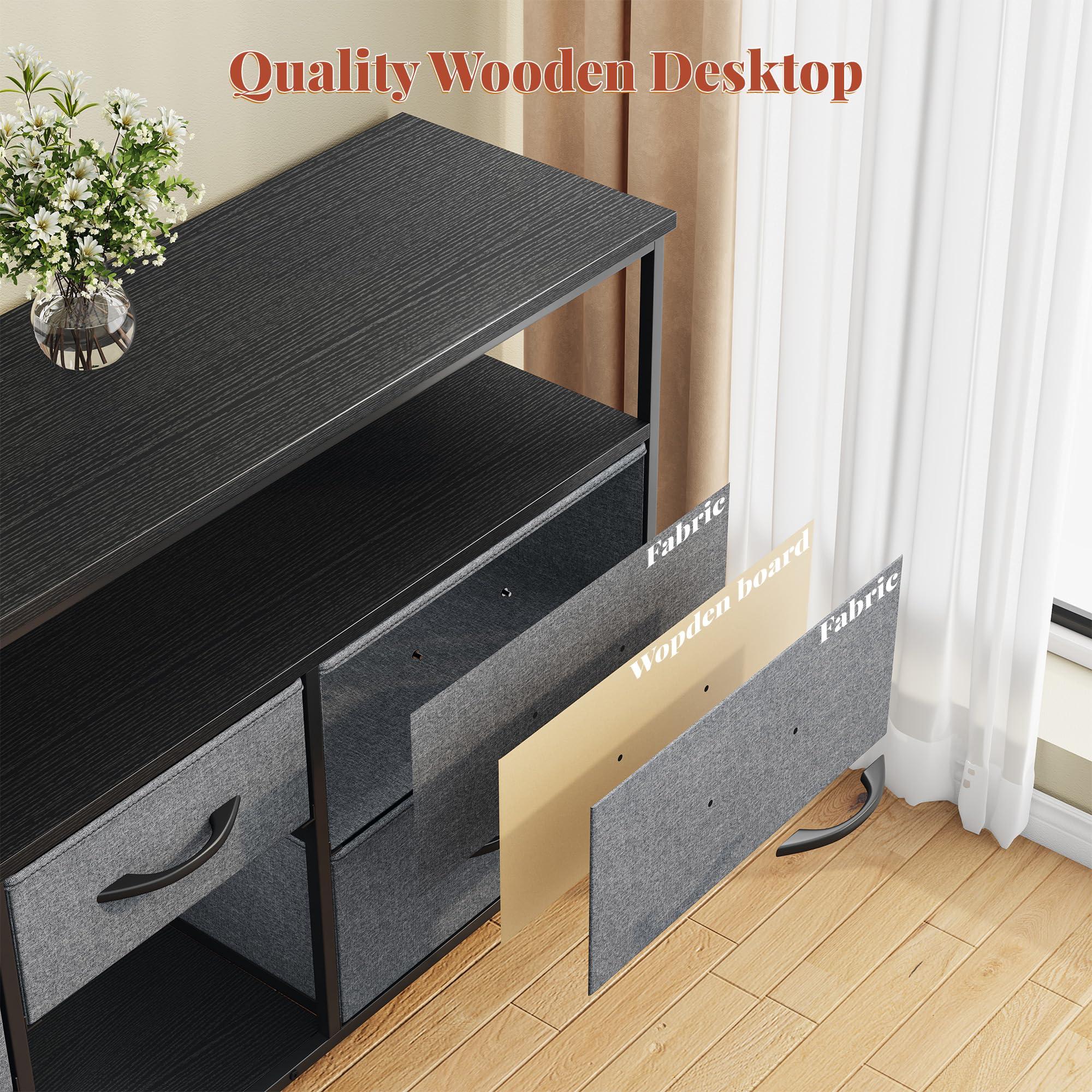 EnHomee TV Stand Dresser with LED Lights & Power Outlets, Entertainment Center for 50" Inch TV, 5 Drawers TV Stand for Bedroom Media Console with Shelves for Living Room, Sturdy Metal Frame, Grey
