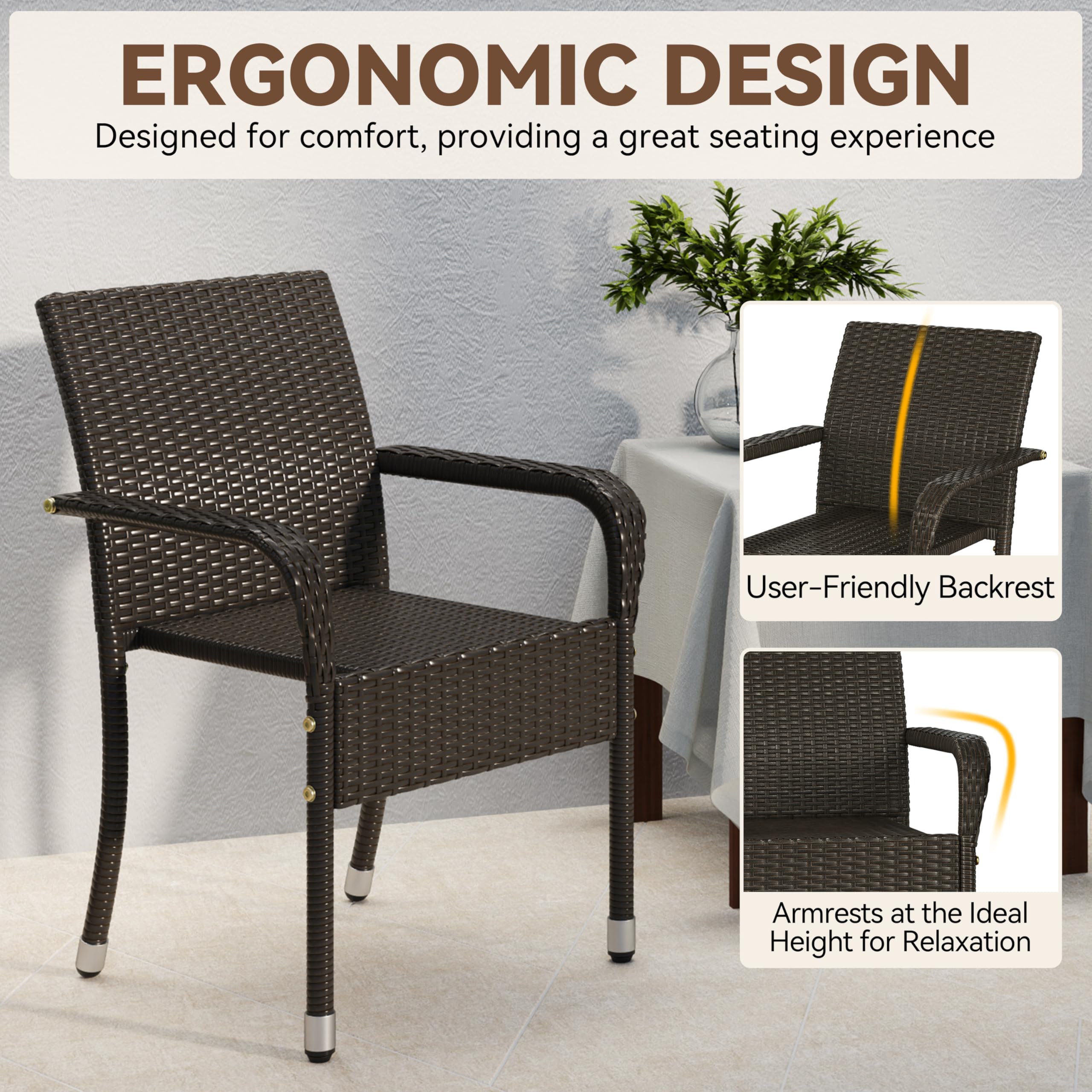 Yaheetech Set of 4 Stackable Outdoor Rattan Dining Chairs, All-Weather Armchair w/Armrests, Steel Frame for Garden, Patio, Deck, Yard, Poolside, Brown