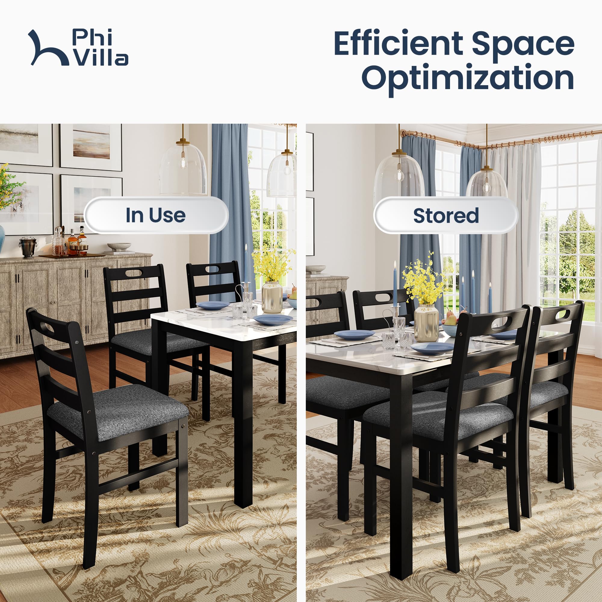 5-Piece Solid Wood Dining Table Set with Faux Marble Top