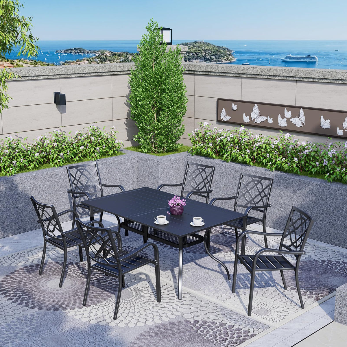 Omelaza 60" x 37" Patio Dining Table, Outdoor Rectangle Bistro Metal Table with Steel Slat Table Top for Porch Deck Garden Backyard Poolside, 1.57" Umbrella Hole, Black