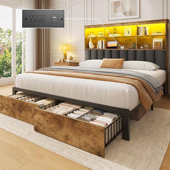 Queen Bed Frame with Storage Headboard & Drawers