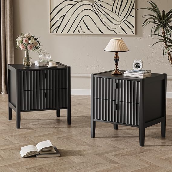 Nightstand with 2 Drawers, Fluted Bedside Table