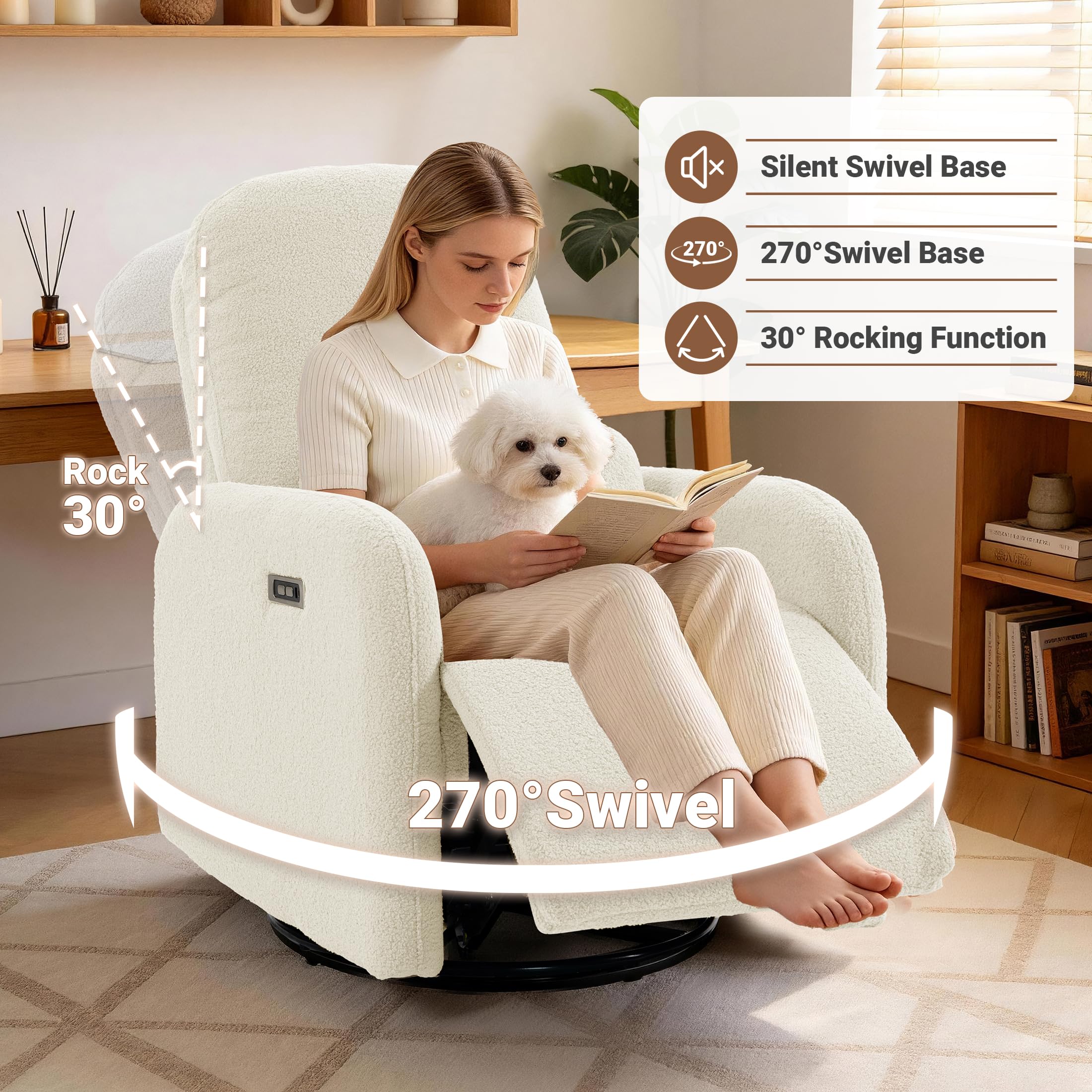Culect 270 Swivel Rocker Recliner Chair, Ladies Electric Power Recliner for Small Spaces, Nursery and Apartment, Beige Plush