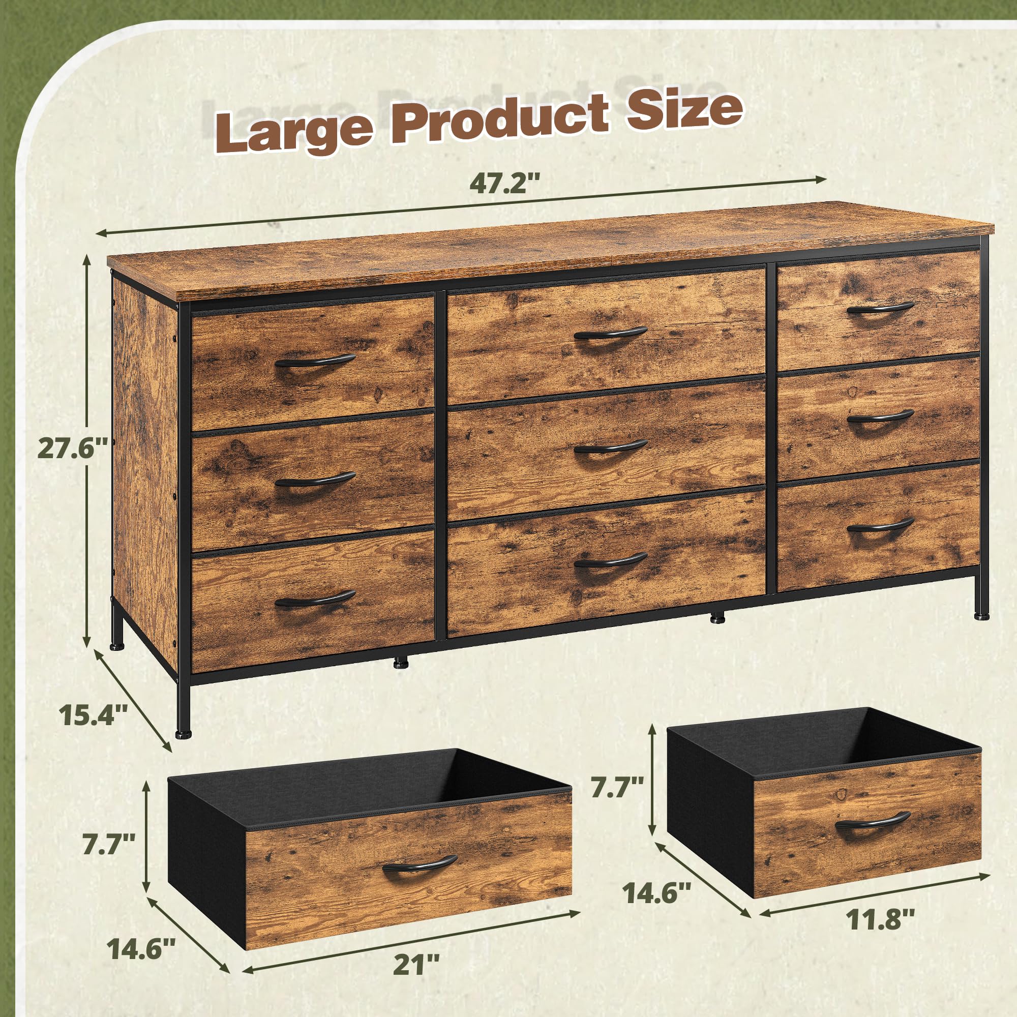 EnHomee Dresser for Bedroom, 9 Drawers Dresser TV Stand for 55, 60 Inch TV, Large Entertainment Center, Wide Chest of Drawers for Closet, Living Room, Rustic Brown