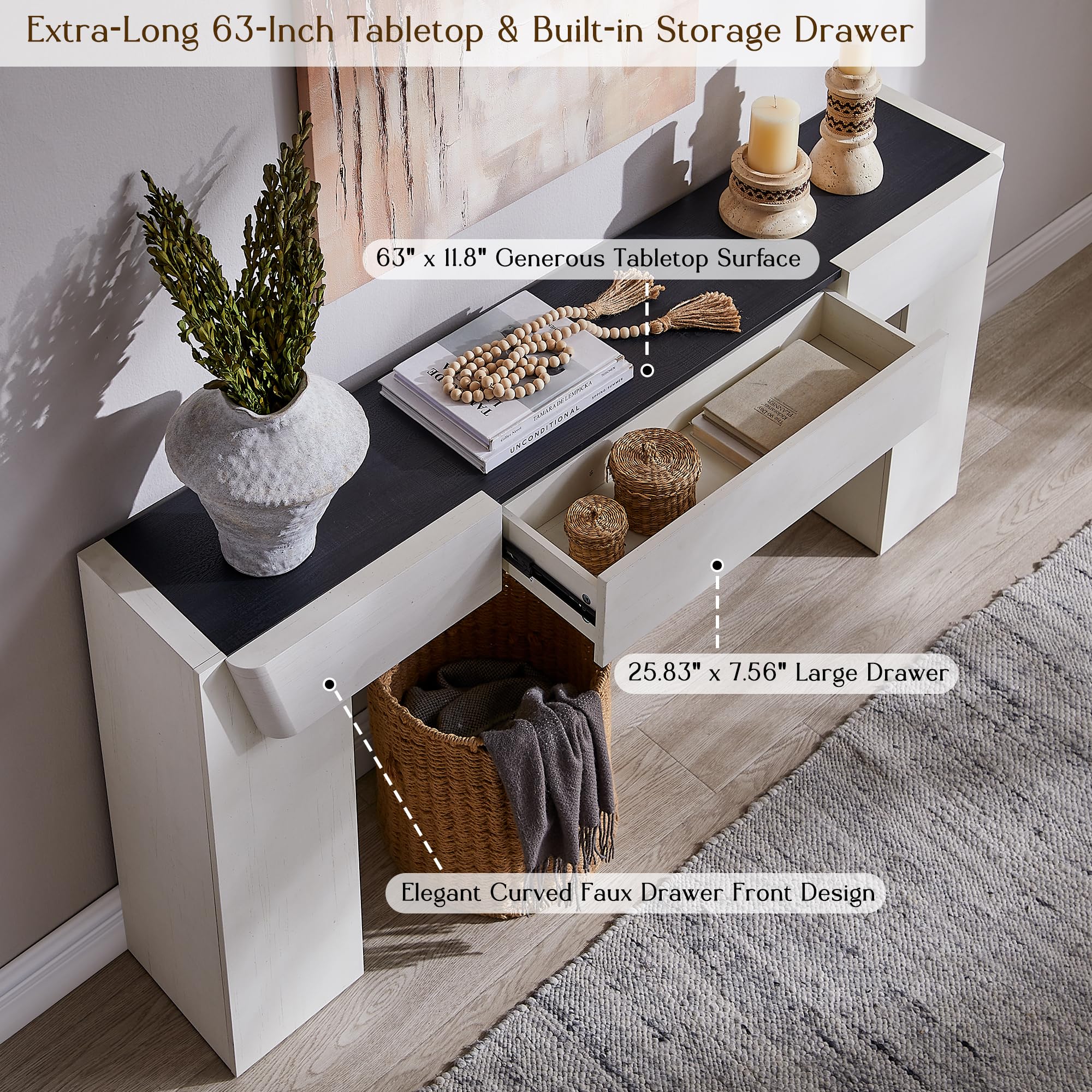 JXQTLINGMU 63" Long Wood Console Table with Storage Drawer, Modern Entryway Table, Sofa Table Behind Couch, Farmhouse Console Tables for Entryway Hallway Living Room, White
