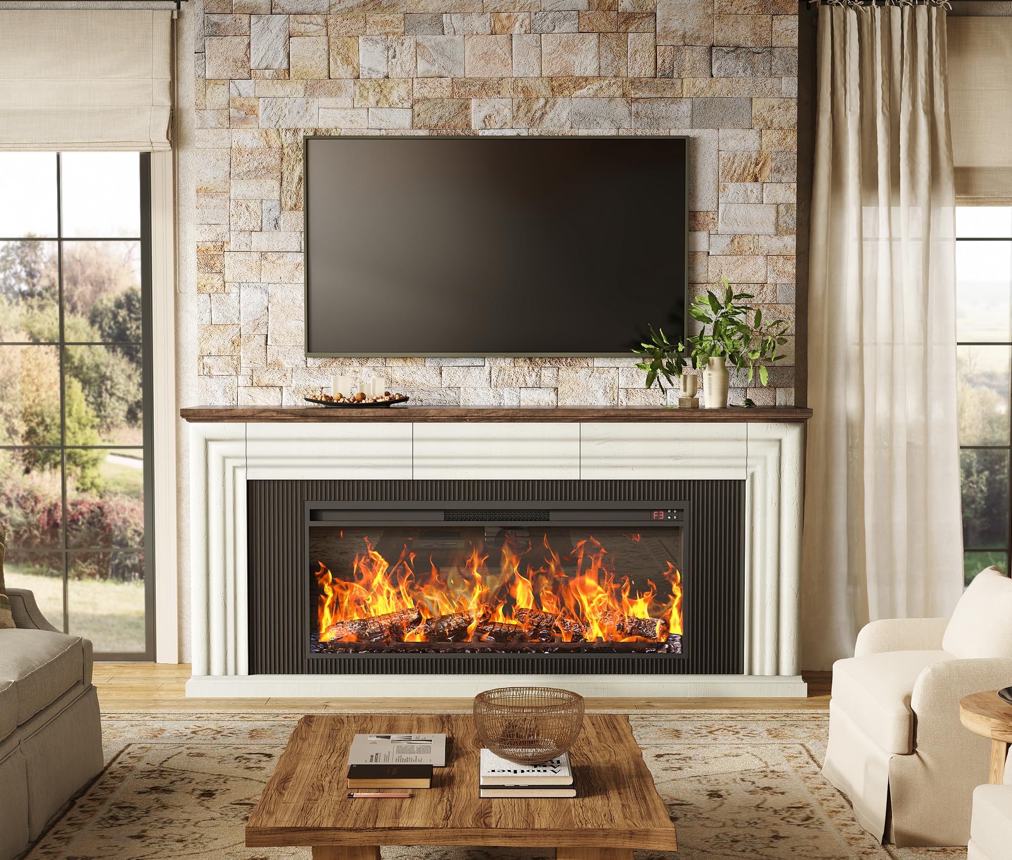 70" Farmhouse TV Stand with 42" Electric Fireplace & 3 Drawers