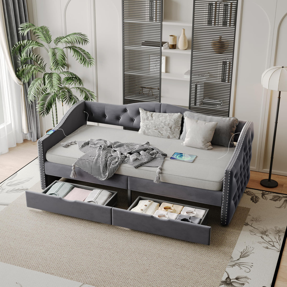 KEIKI Full Size Daybed with 2 Drawers & USB Charging Port, Upholstered Velvet Captains Bed Frame with Storage for Bedroom/Guestroom/Dorm, Gray