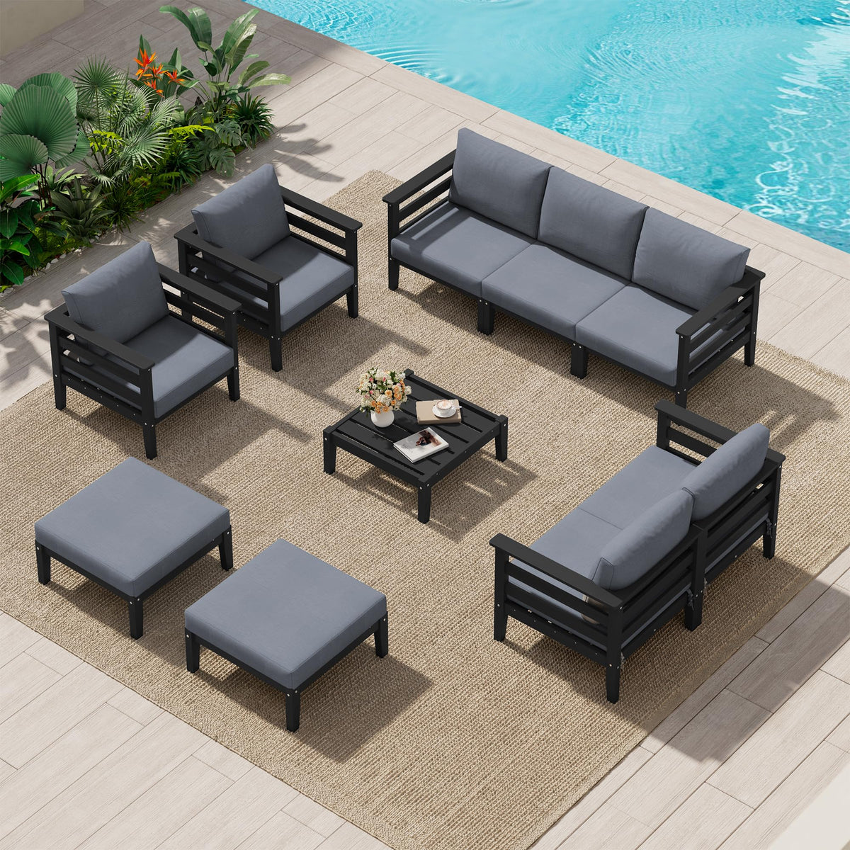 SERWALL HDPE Outdoor Furniture Set, 10 Pieces Patio Sectional Sofa Set