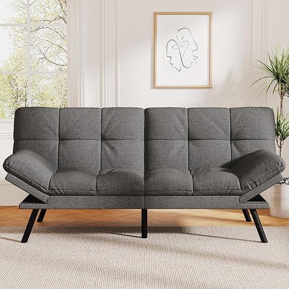 Convertible Futon Sofa Bed with Adjustable Backrest & Armrest