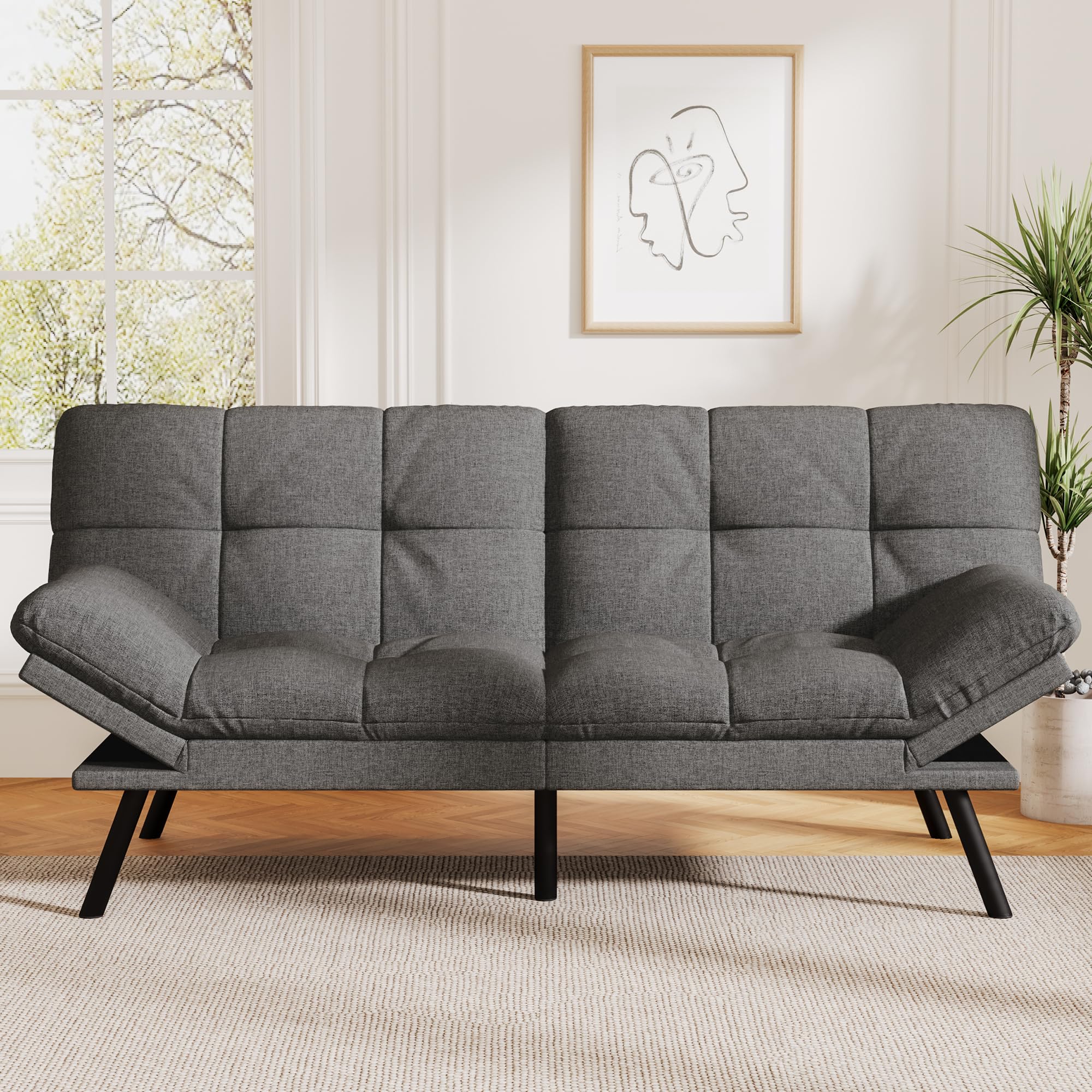 Convertible Futon Sofa Bed with Adjustable Backrest & Armrest