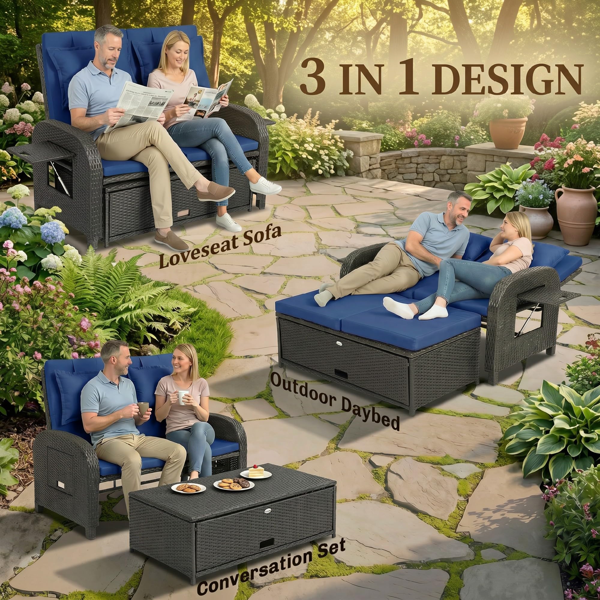 Outsunny Patio Rattan Daybed, Wicker Outdoor Daybed with Storage Ottoman, Loveseat Sofa with Adjustable Backrest, Side Tables, Cushions, Headrests, Double Sunbed Lounger for Balcony, Navy Blue