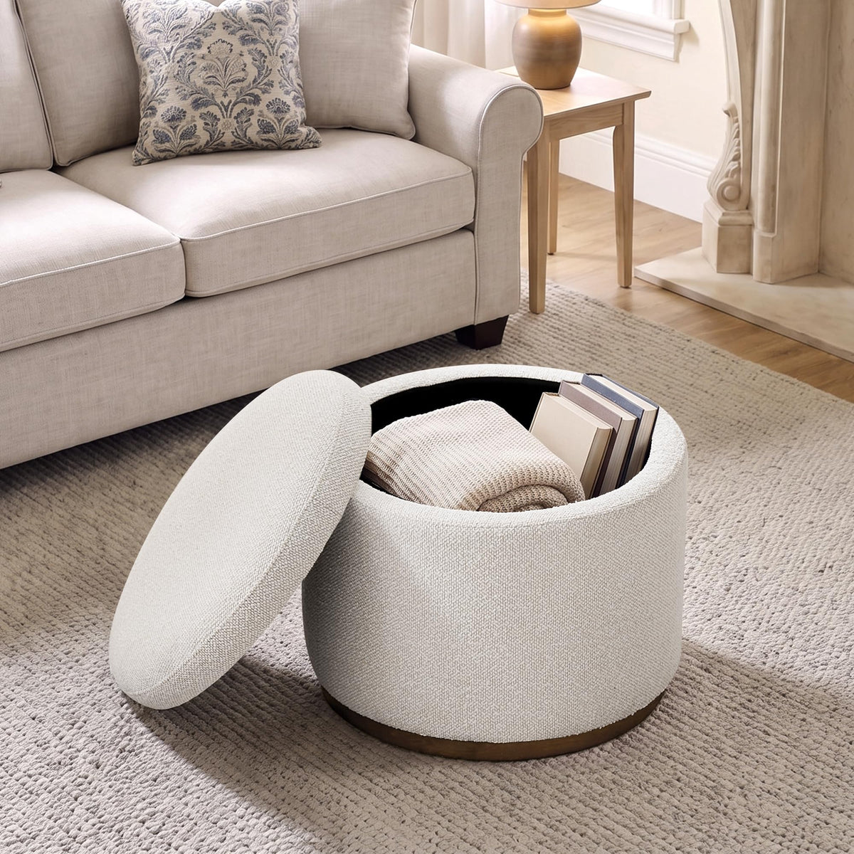 Dolamy Round Storage Ottoman, 20" Boucle Ottoman Foot Rest Stool(Beige)