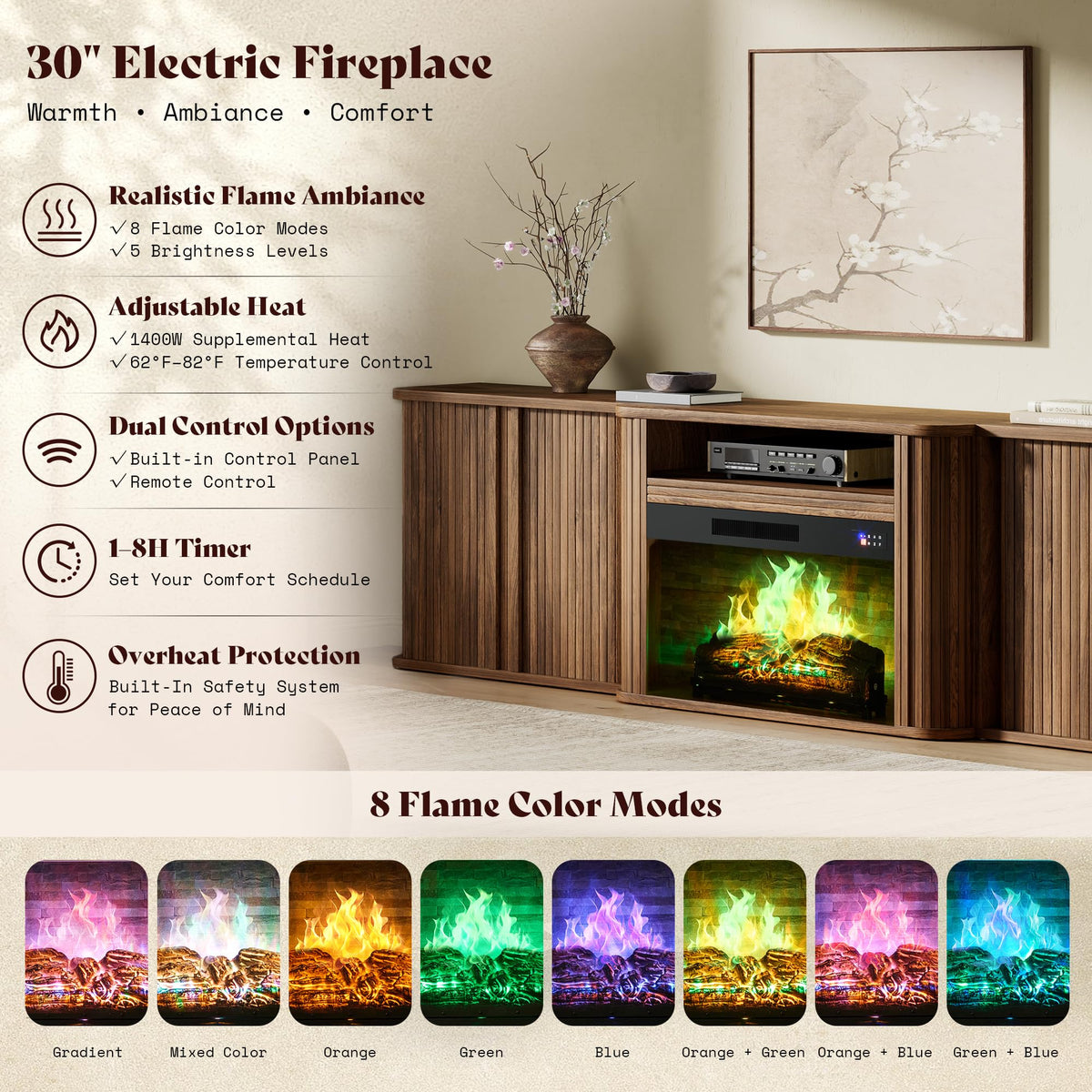 AMERLIFE 97" Fluted Electric Fireplace TV Stand, Mid Century Modern, Walnut