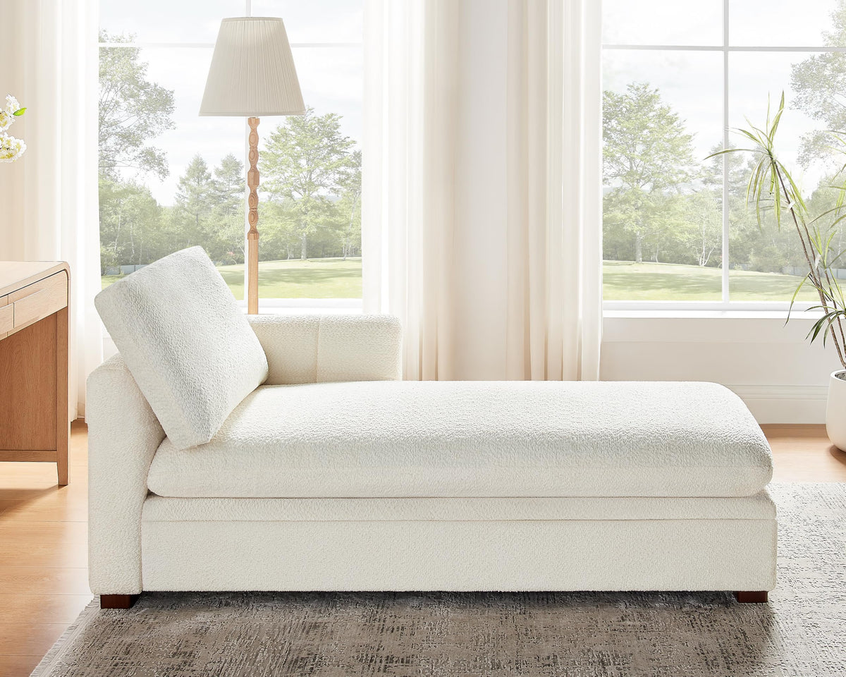 White Boucle Storage Chaise Lounge