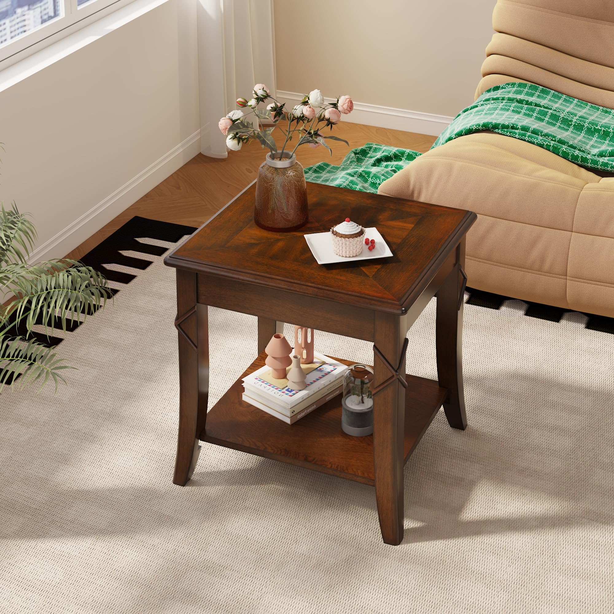 Living Room Tables Set of 3- One Coffee Table and Two End Table with Carved Tabletop and Leg, Mid-Century Sofa Beside Table and Center Table with Carved Legs, Easy Assembly, Cherry Brown KFZ-CJZ-DR200
