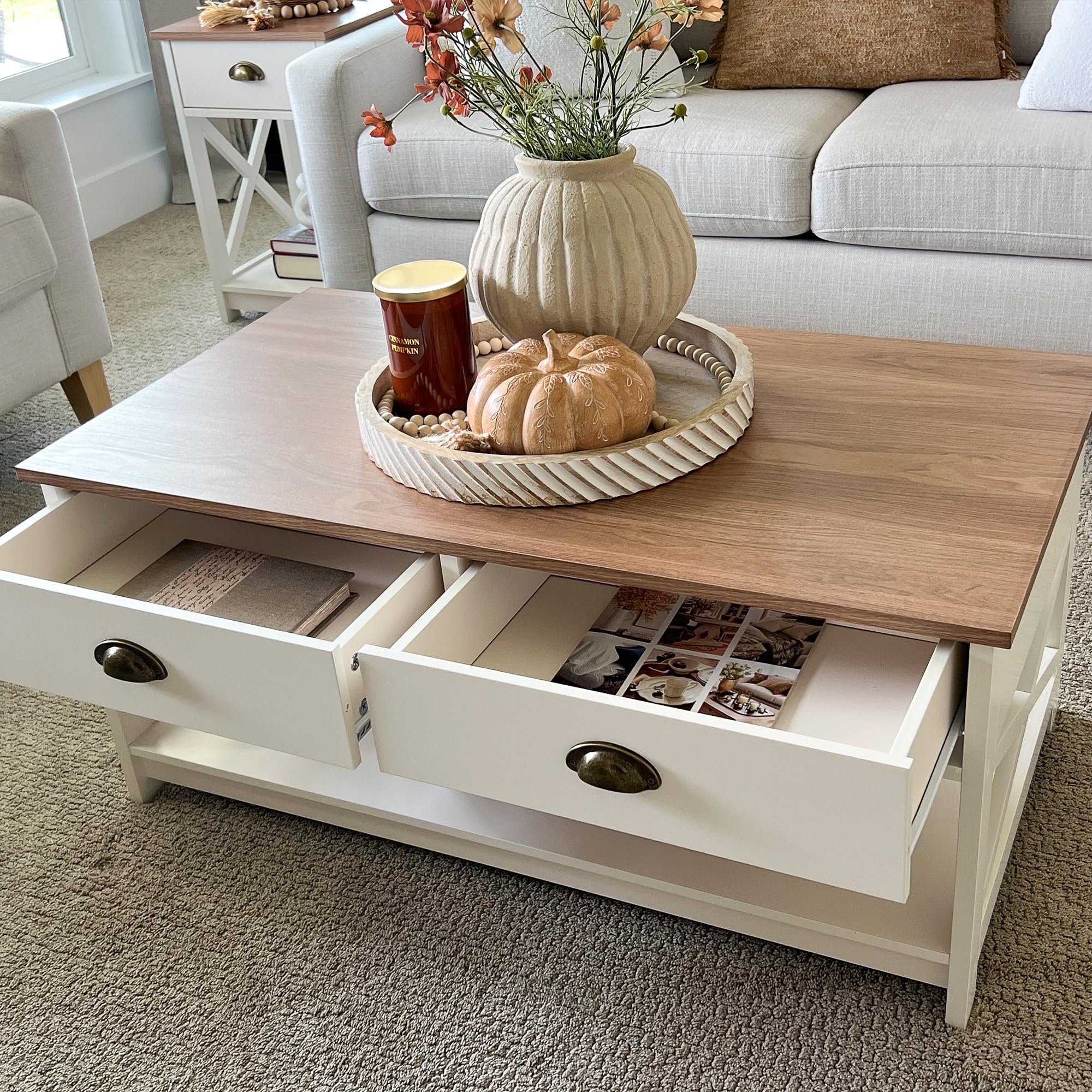 PHI VILLA Coffee Table for Living Room - Farmhouse Modern Coffee Tables with Storage, Ivory White Coffee Table