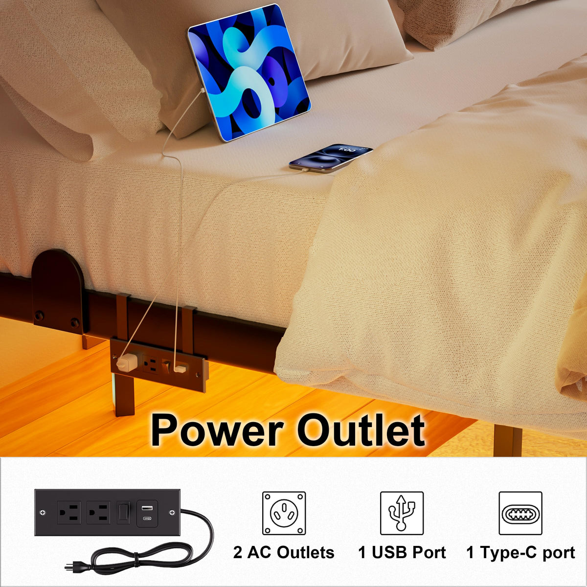 AGXI Queen Bed Frame with Headboard, 14 Inch Floating Bed with Smart LED Lights and USB Charging Station, Easy Assembly, No Box Spring Needed