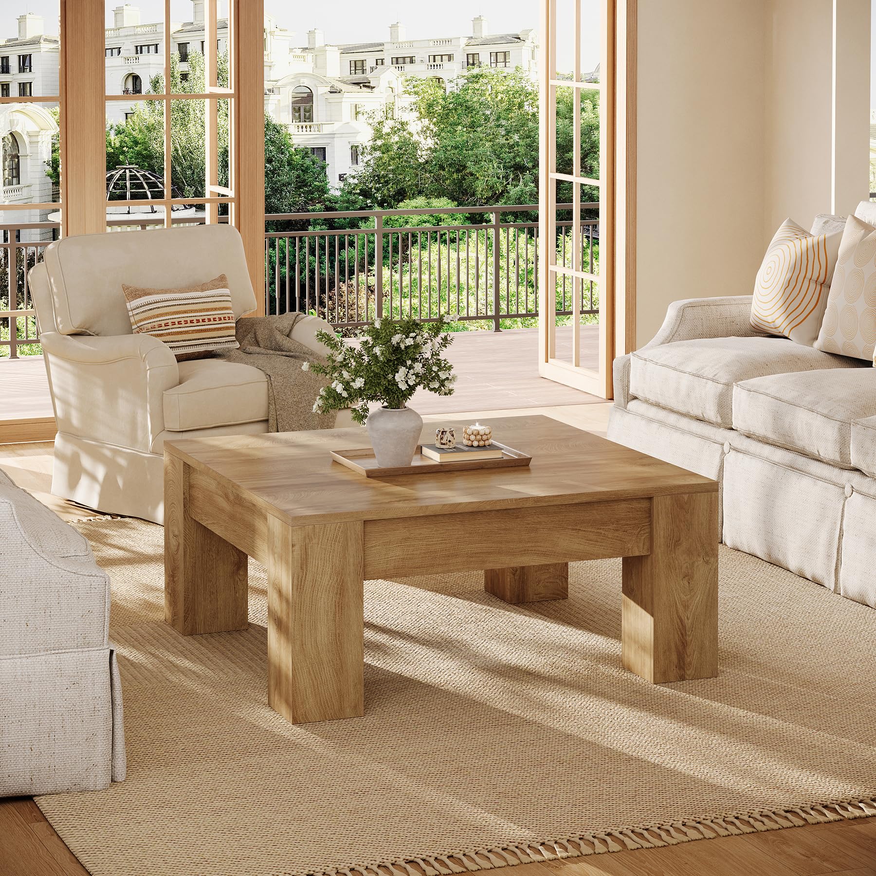 Tribesigns Farmhouse Square Coffee Table, 39-Inch Wooden Coffee Table with Sturdy Legs, Rustic Accent Center Table for Living Room, Easy Assembly, Light Brown