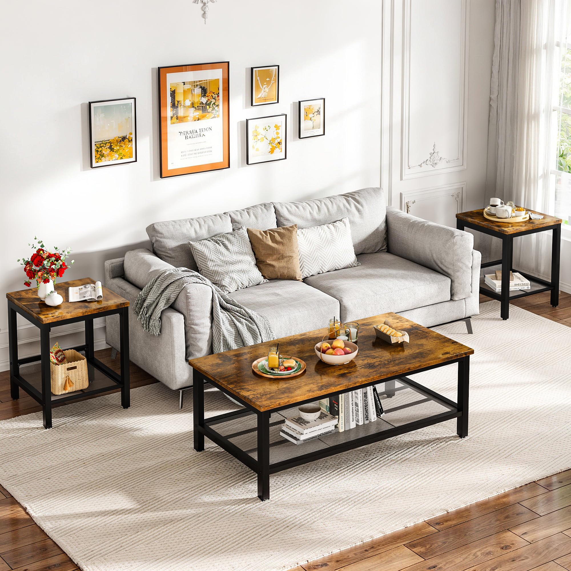 3-Piece Industrial Coffee Table Set with 2 End Tables