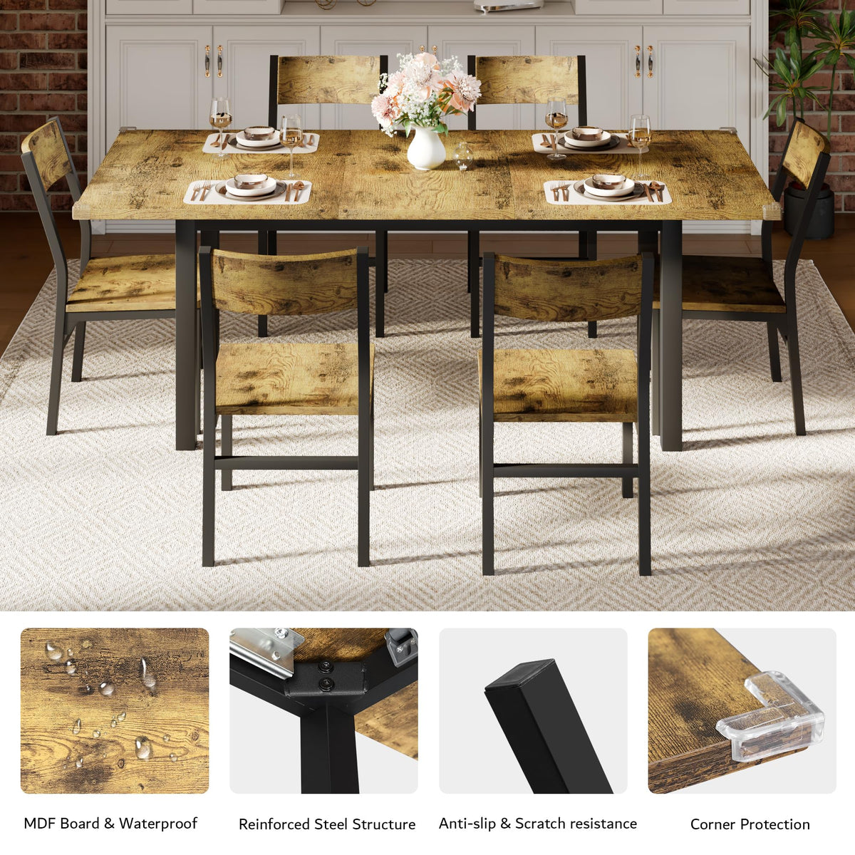 iPormis 7-Piece Dining Table & Chairs Set for 4-6, 63" Extendable Kitchen Table with 6 Chairs, Dining Room Table with MDF Board & Metal Frame, Perfect for Small Space,Easy Assembly, Rustic Brown