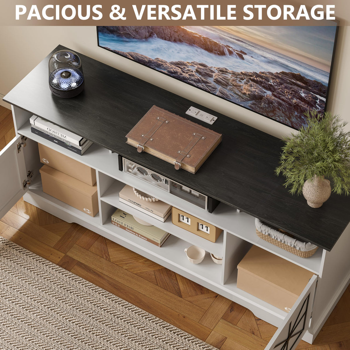 ANYMAPLE TV Stand for 65 Inch TV, Farmhouse Entertainment Center with RGB LED Lights, 59 Inch Media Console with Adjustable Center Shelf and Storage Cabinets, Rustic Barn Door Style