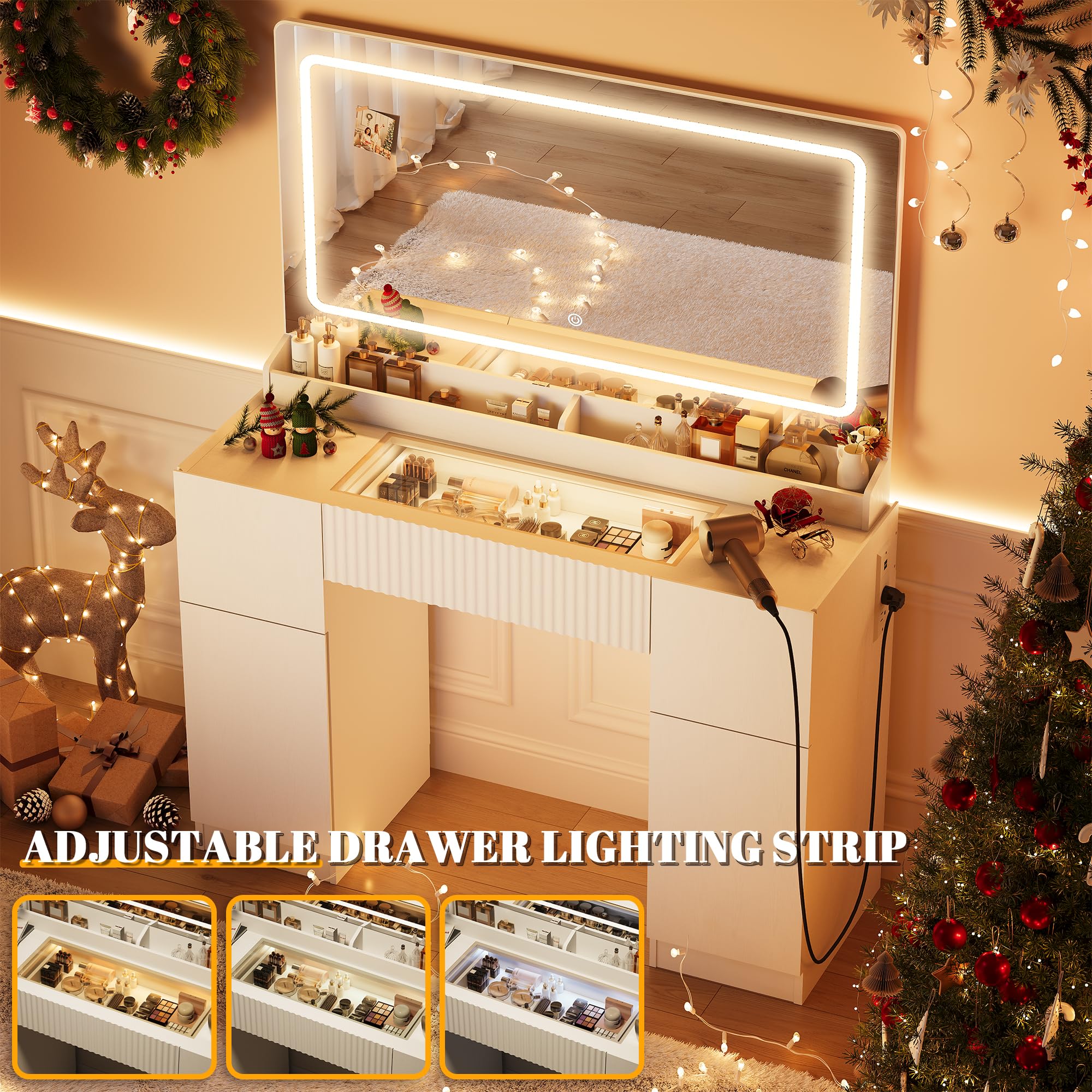 INNOD 44" Vanity Desk with Large Mirror and Lights, Modern Glass Top Makeup Vanity Set with Power Outlet, 3 Drawers and 2 Cabinet, 3 Lighting Color Adjustable Dressing Table for Bedroom,Pure White