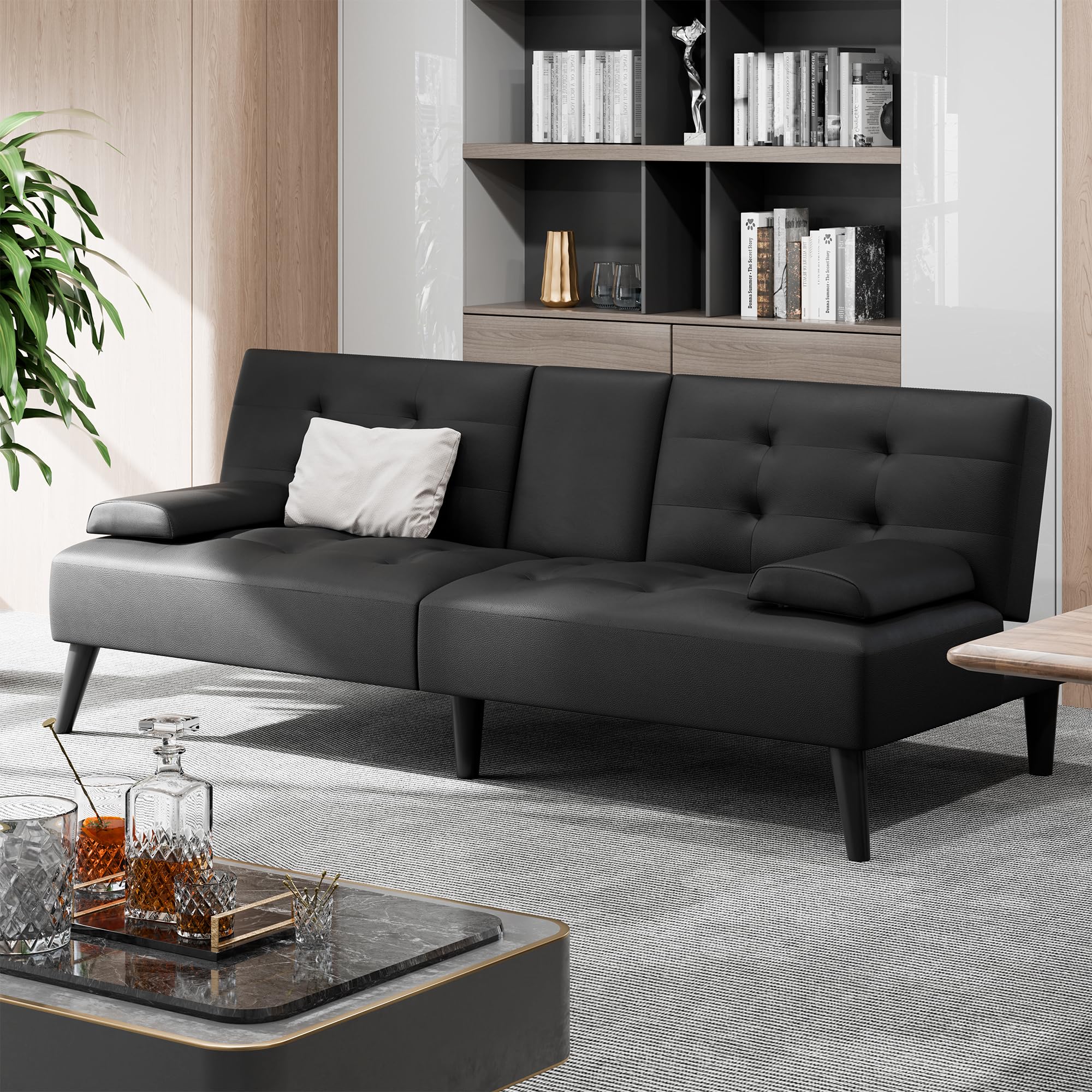 Foldable Futon Sofa Bed with Reclining Backrest & Cup Holders