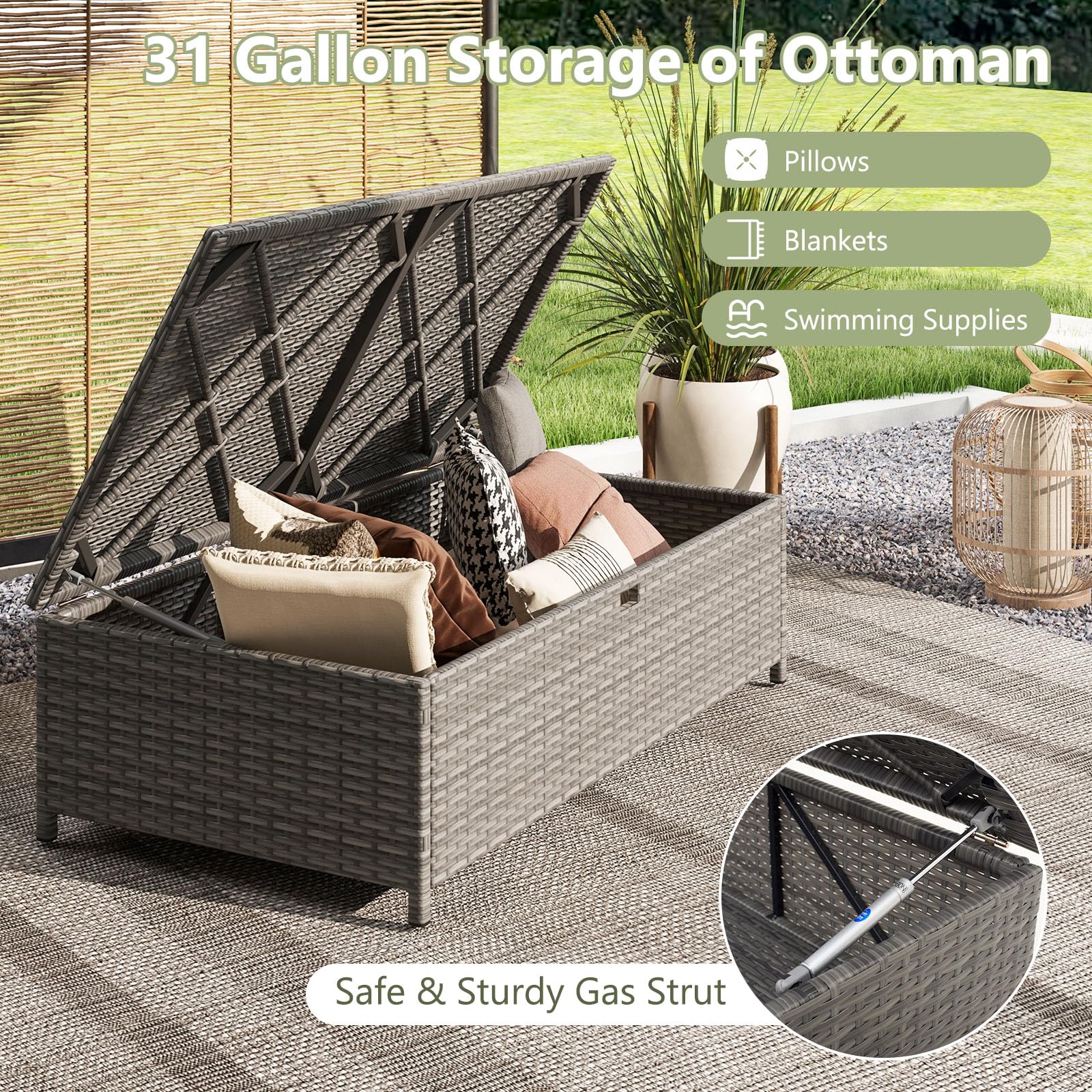 Outdoor Rattan Loveseat & Storage Ottoman Set