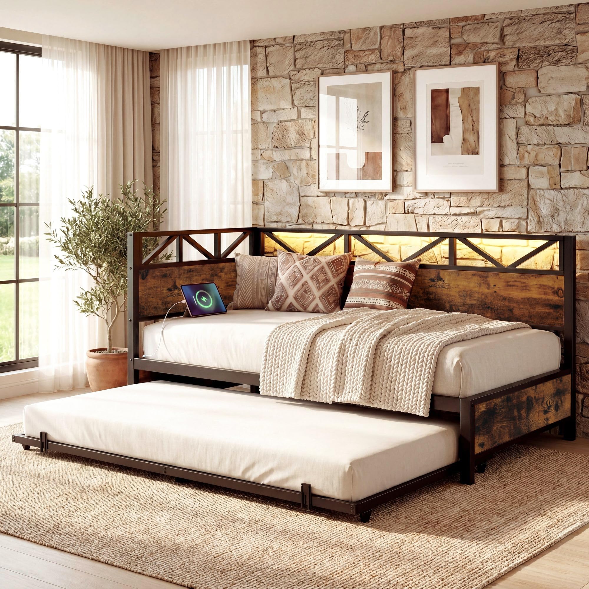 LIKIMIO Twin Daybed with Trundle, Metal Twin Size Bed Frame with LED Lights & Charging Station, Sofa Day Bed with Strong Supports for Living Room, Bedroom and Guest Room, Industrial Brown