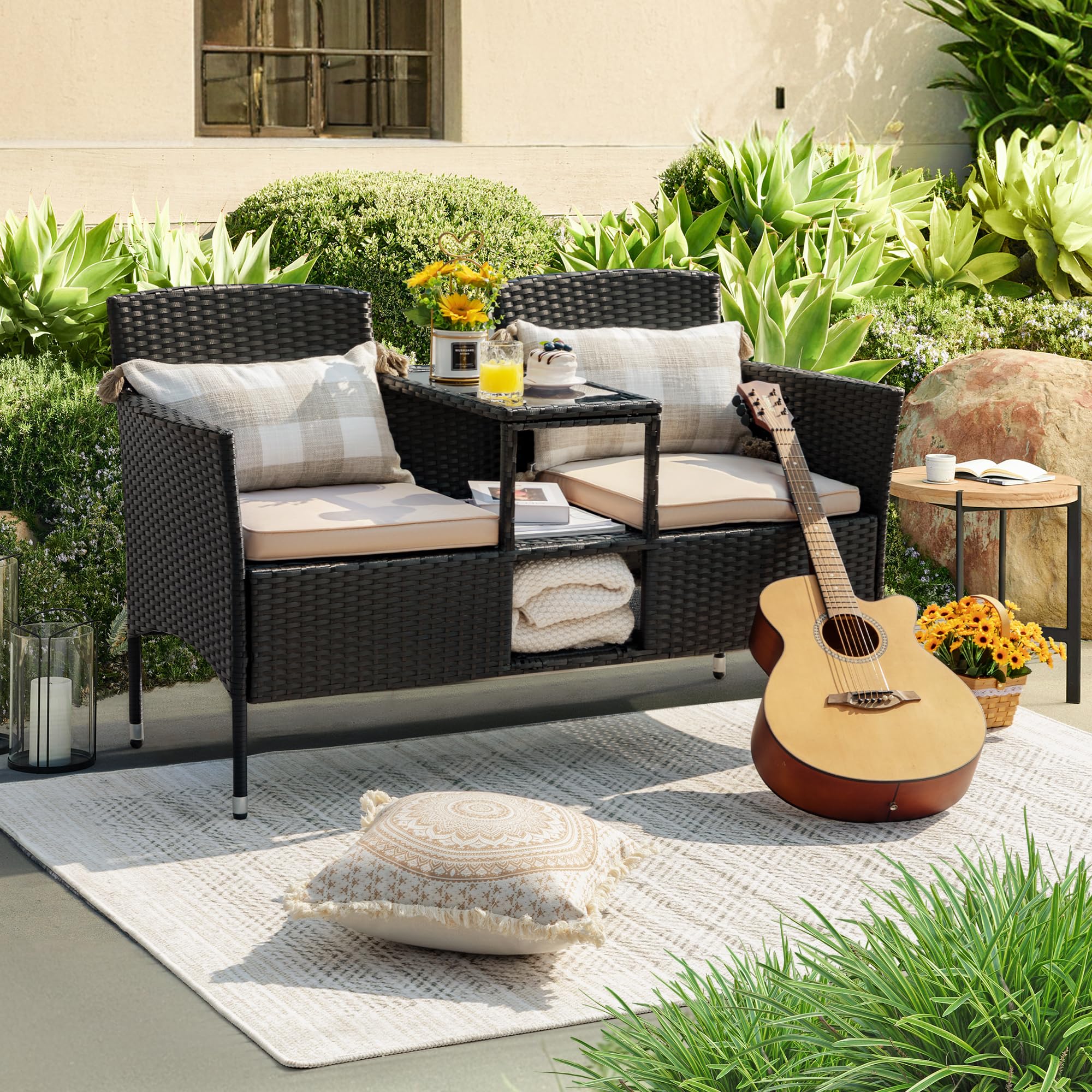 Outdoor Rattan Loveseat with Built-In Table