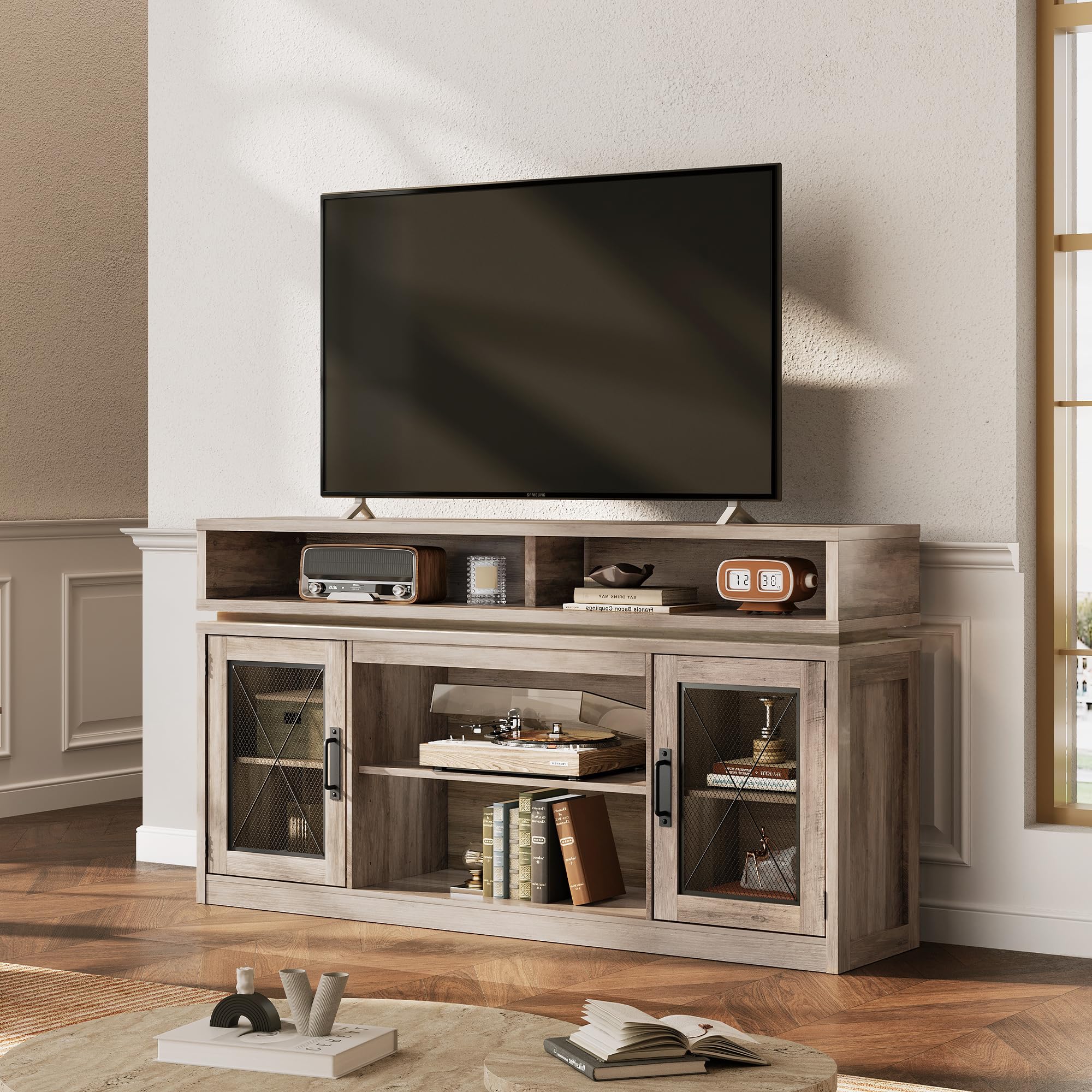 Farmhouse TV Stand with LED Lights & Storage Cabinets
