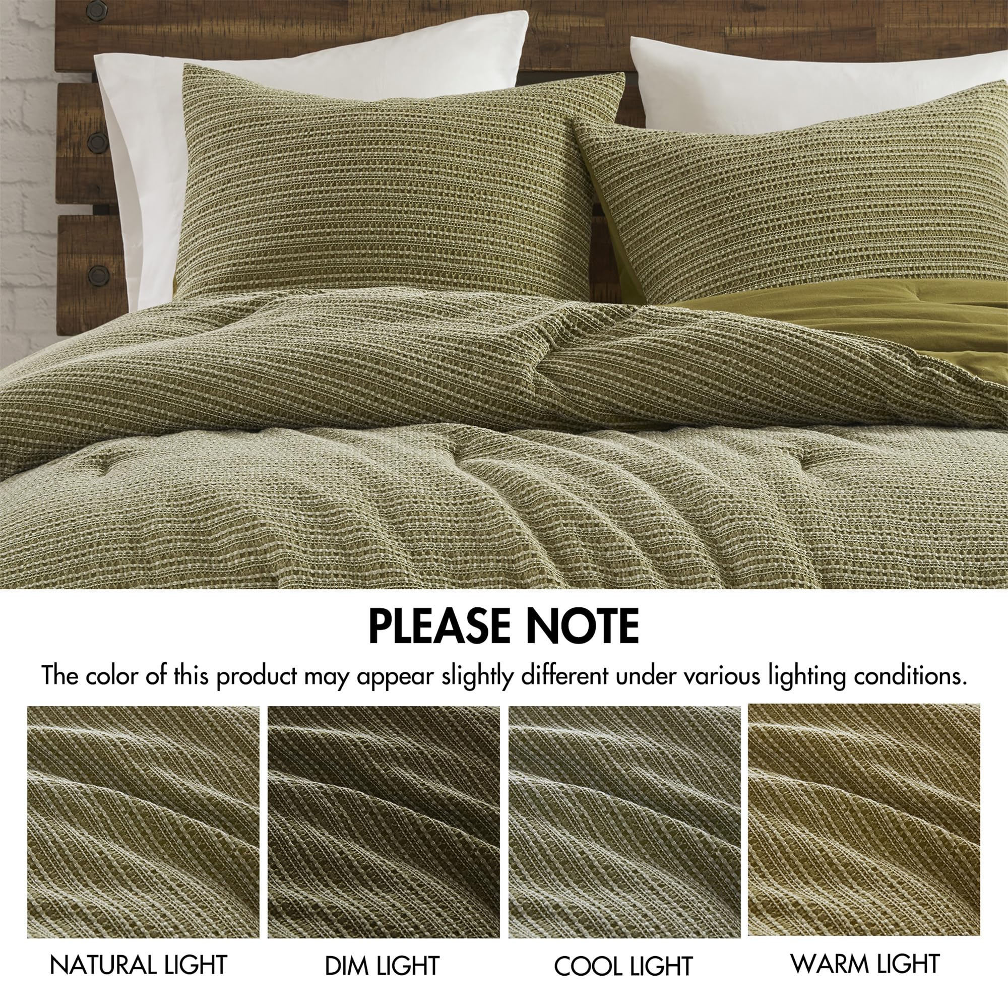 Woolrich Queen Comforter Set Cotton Waffle Pre-Stone Washed, Oversized Comforter, All Season Down Alternative Overfilled Queen Size Comforter, Lyon, Full/Queen Green 3 Piece