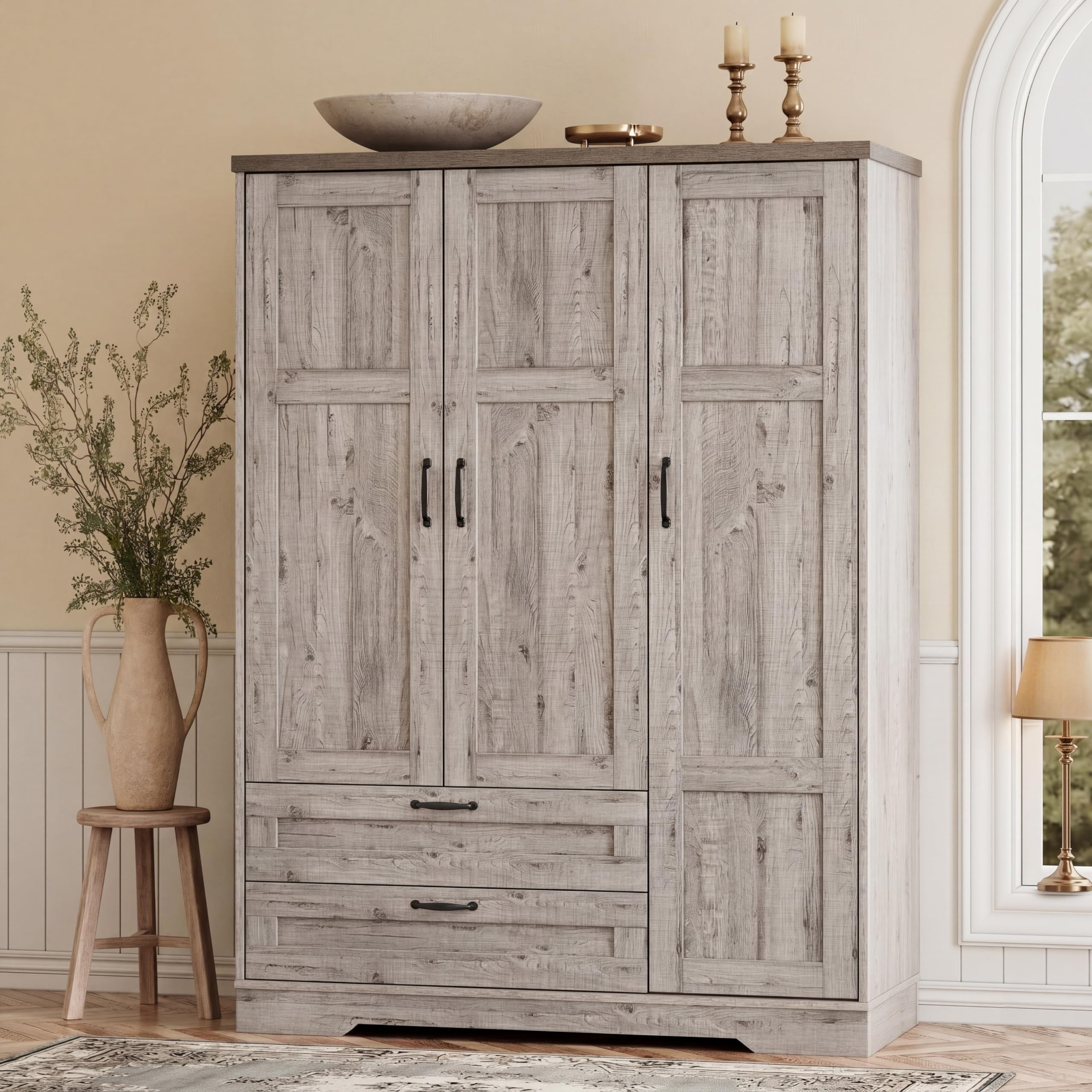 XIAO WEI Armoire Wardrobe Closet with 3 Door, Bedroom Wooden Armoires with Full Length Mirror, Large Clothing Storage Cabinet 2 Drawers, Hanging Rod, Shelves (Gray, 3 Door)