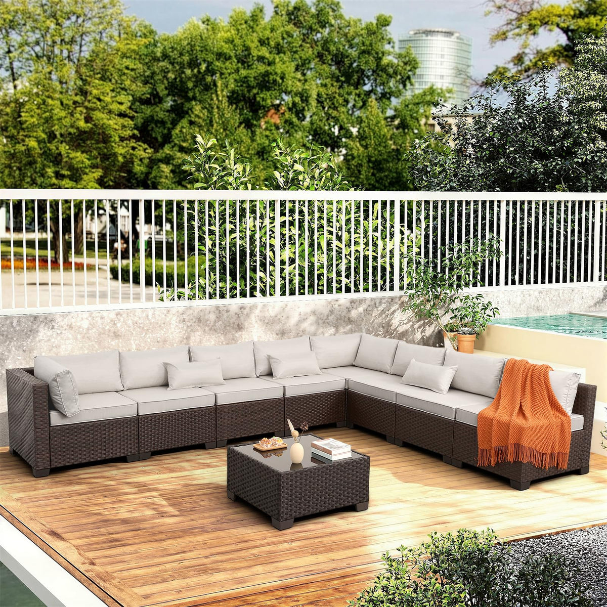 Rattaner 9 Pieces Outdoor Sectional All-Weather HDPE Brown Wicker Patio Furniture Set Patio Sectional Glass Patio Table Non-Slip Cushions and Waterproof Covers, Beige