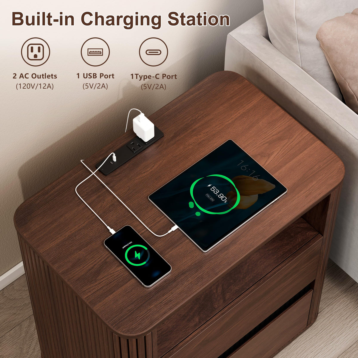 Furnulem Walnut Night Stand with Charging Station, Modern Fluted Nightstand