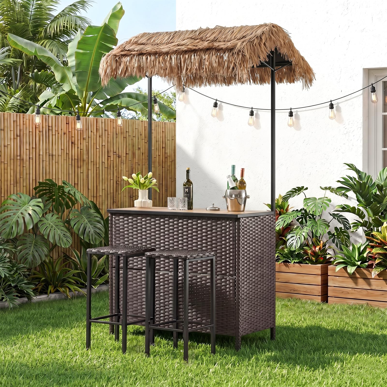 Opohoro Outdoor Tiki Bar Set - 3 Pieces Wicker Patio Bar Height Set with Palapa Top and 2 Stools, All-Weather Patio Bar Set with Storage Shelves & Wine Glass Rack for Garden Patio Backyard Brown
