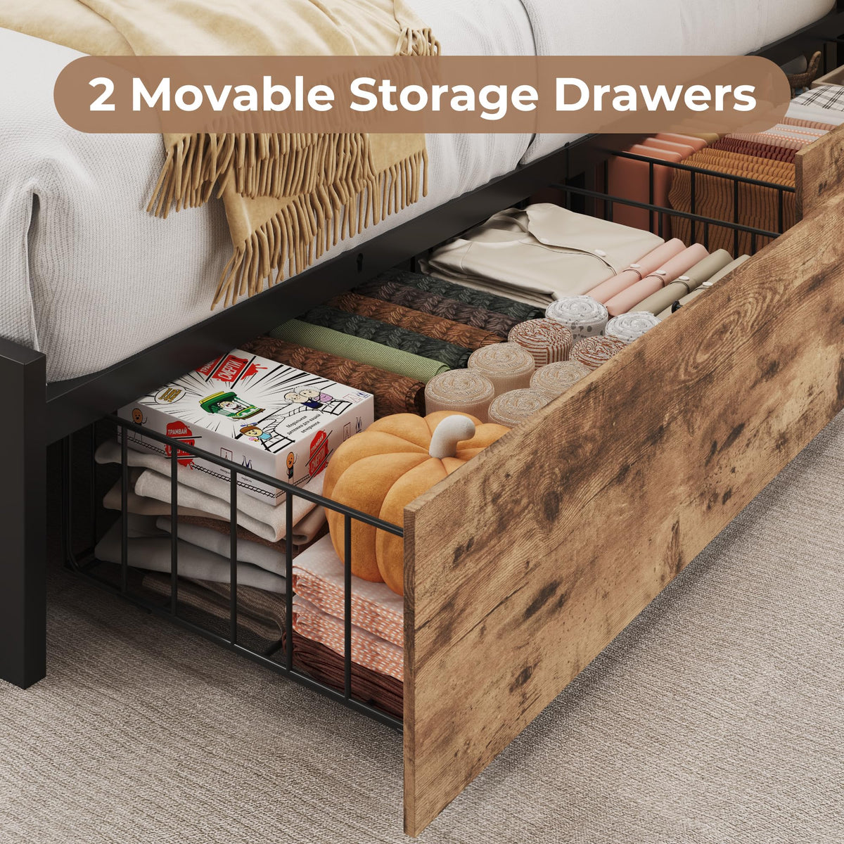 PHGLL Twin Bed Frame with 2-Tier Storage Headboard, Twin Size Metal Bed Frame with 2 Storage Drawers, 3-in-1 Charging Station & RGB LED, Noise-Free/Metal Support/No Box Spring Needed, Rustic Brown