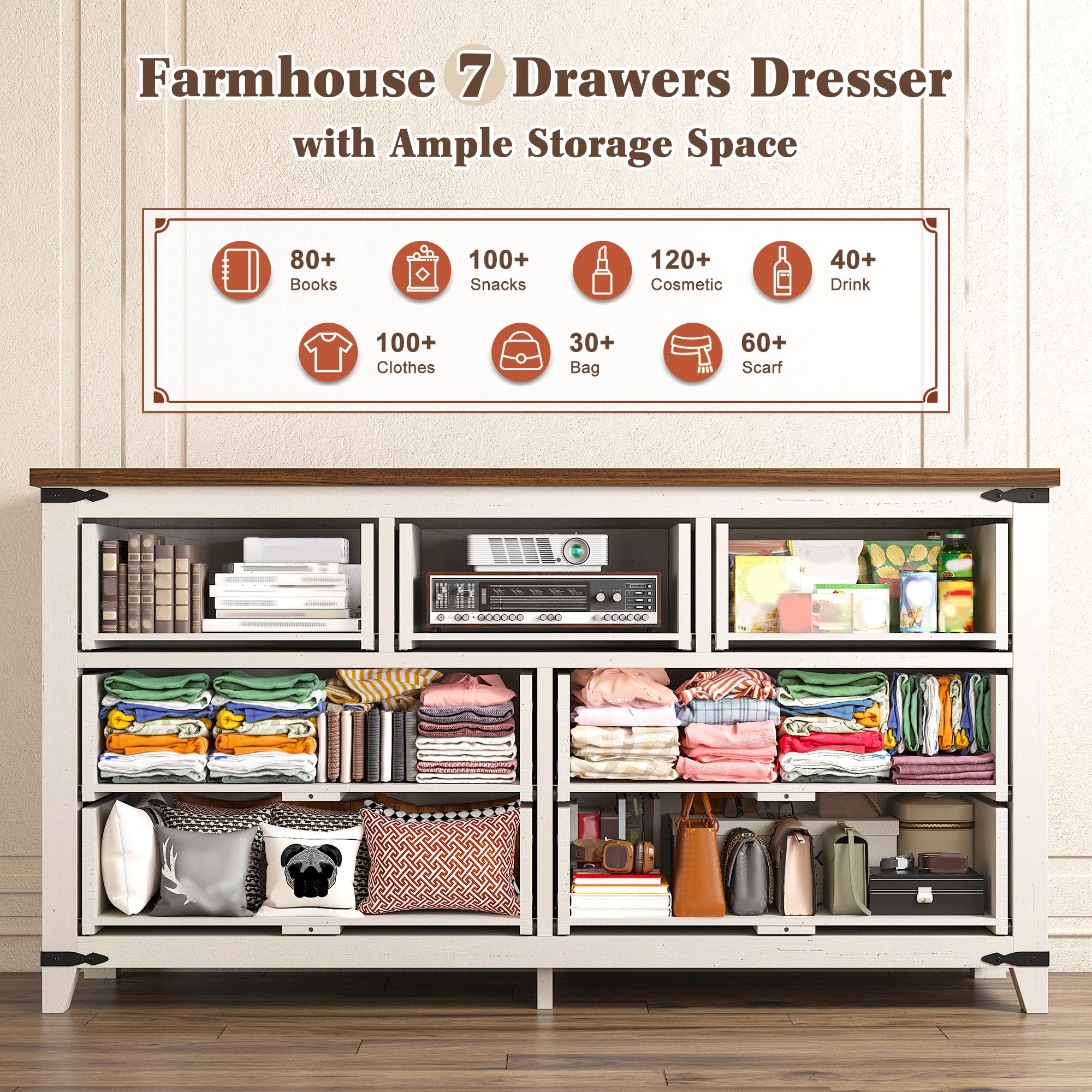 EnHomee Dresser for Bedroom with 7 Drawers White Dresser with Smooth Metal Rail TV Stand for Bedroom, Hallway, 15" D x 51.2" W x 31.5" H, Antique White