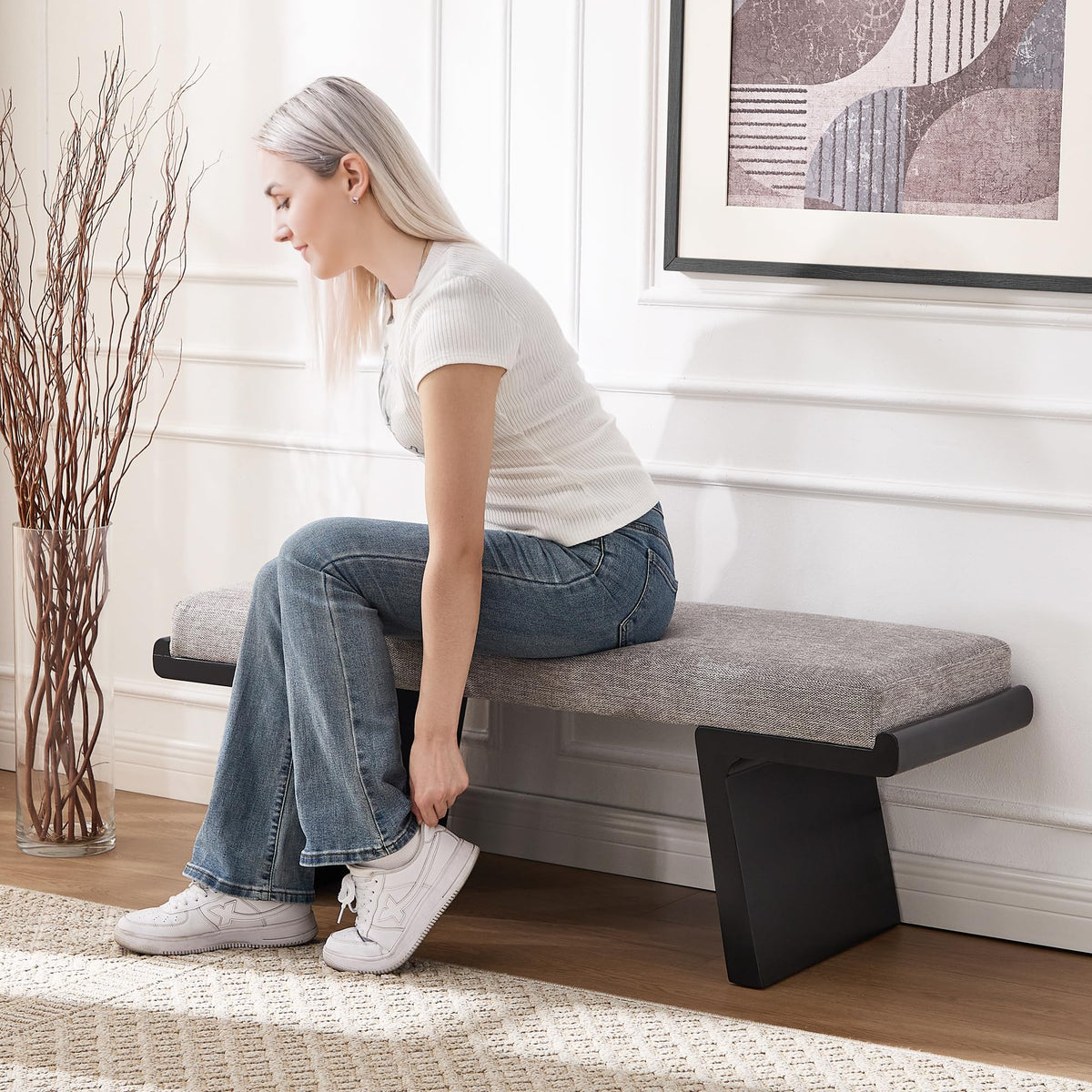 Linen Upholstered Wood Bench