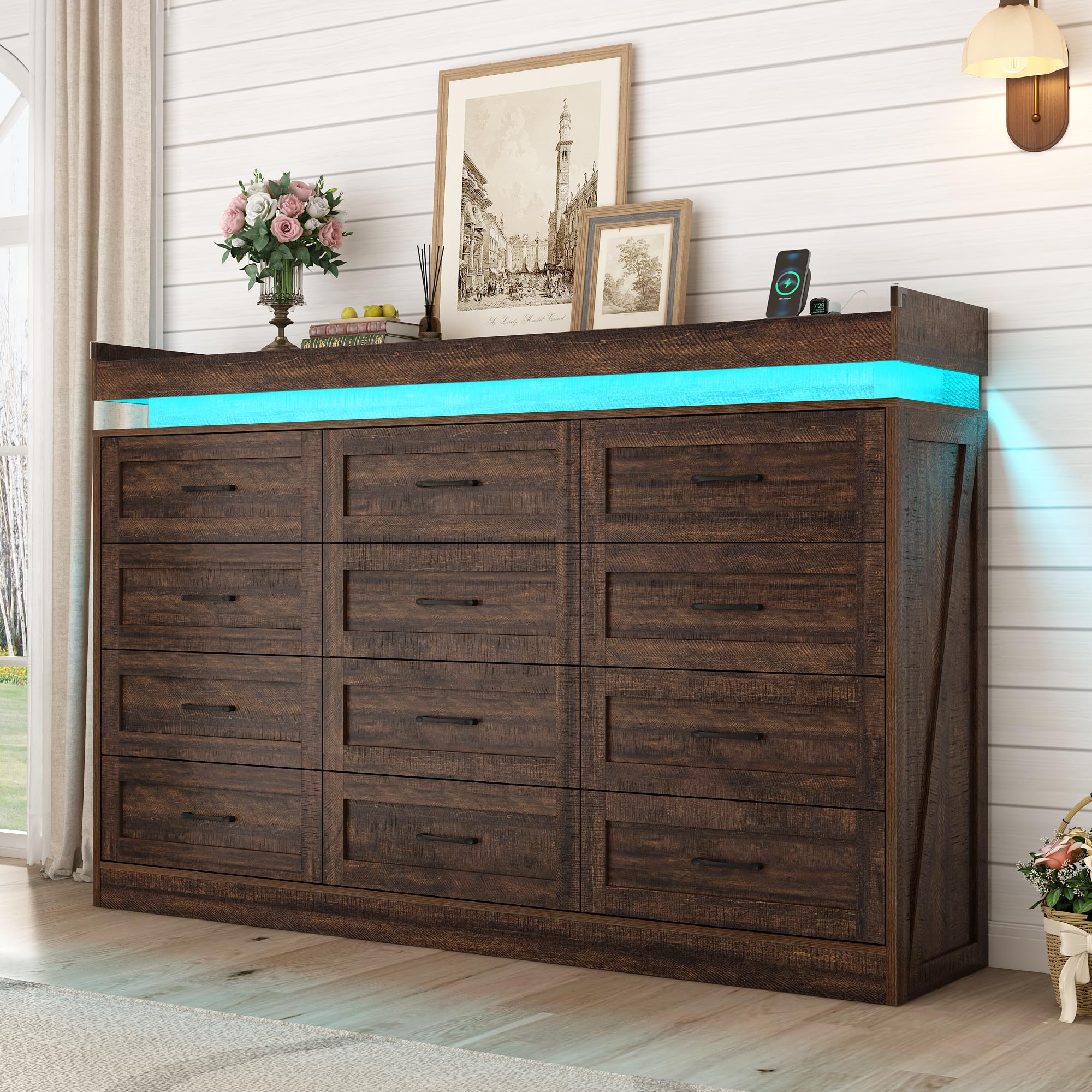 Farmhouse 12-Drawer Dresser with LED Light & Power Outlets