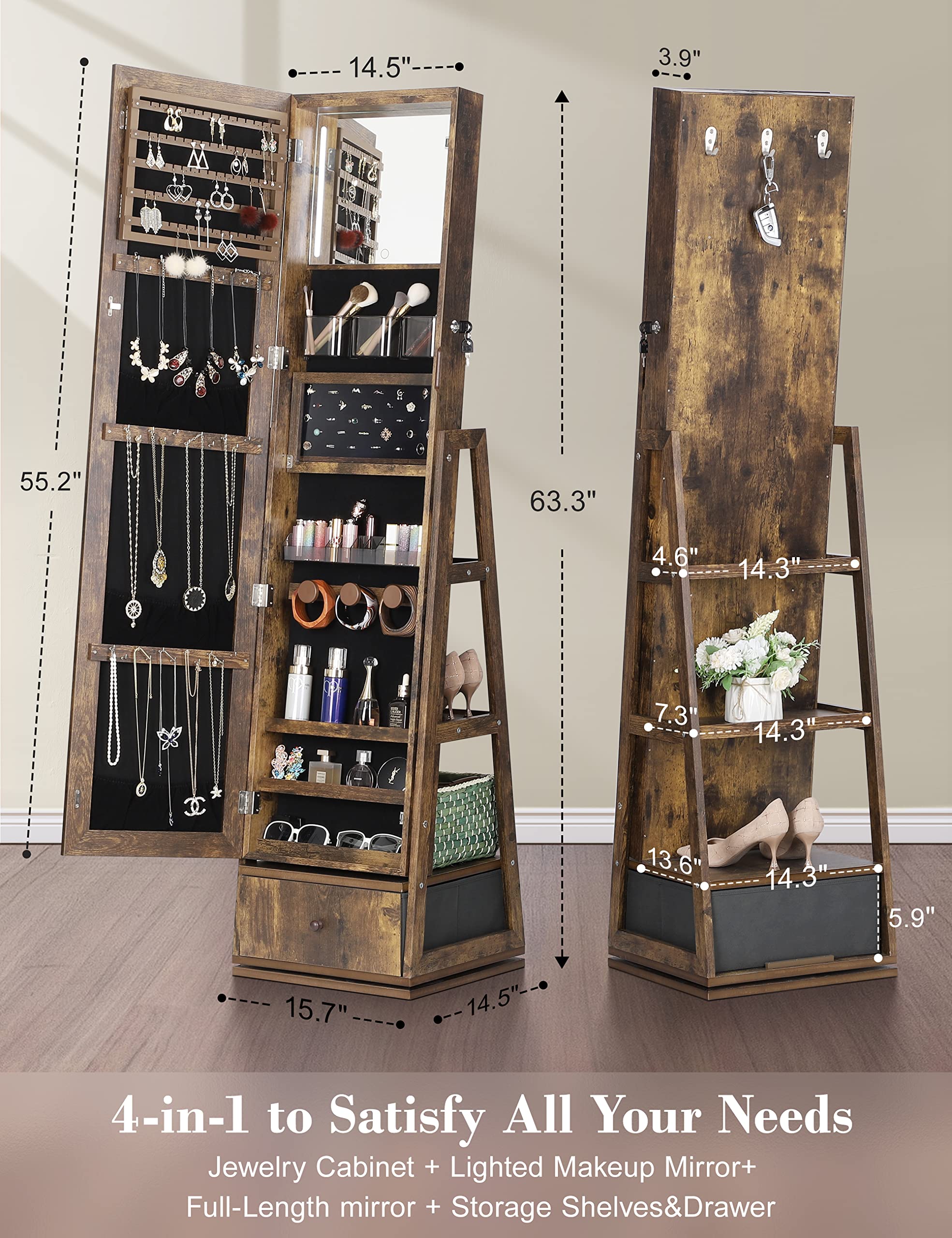 Nicetree 360° Swivel Jewelry Cabinet with Lights, Touch Screen Vanity Mirror, Rotatable Full Length Mirror with Jewelry Storage, Standing Jewelry Armoire Organizer, Gift Idea, Rustic Brown