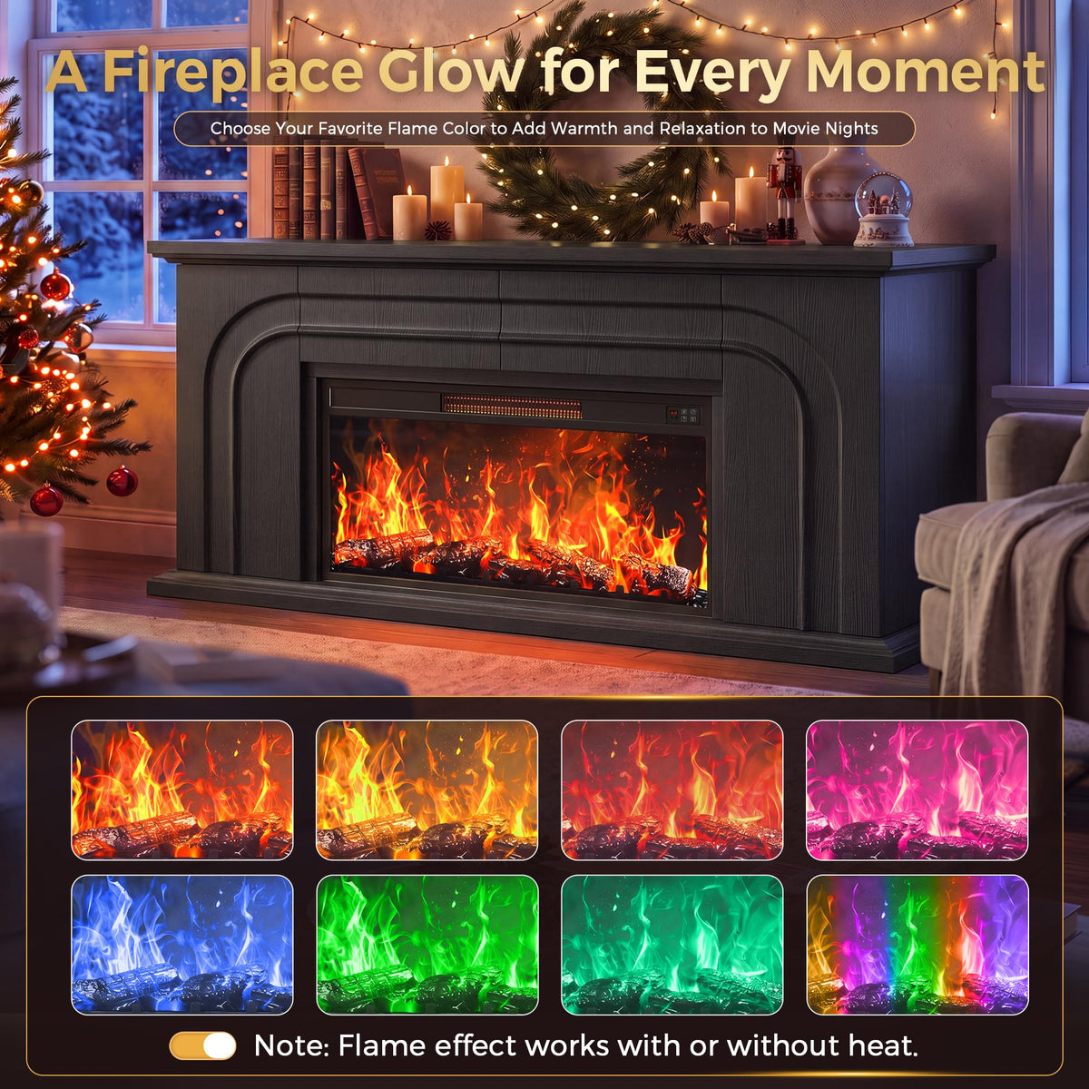 MapleGrace 70" Farmhouse Fireplace TV Stand with 36" Fireplace, Black