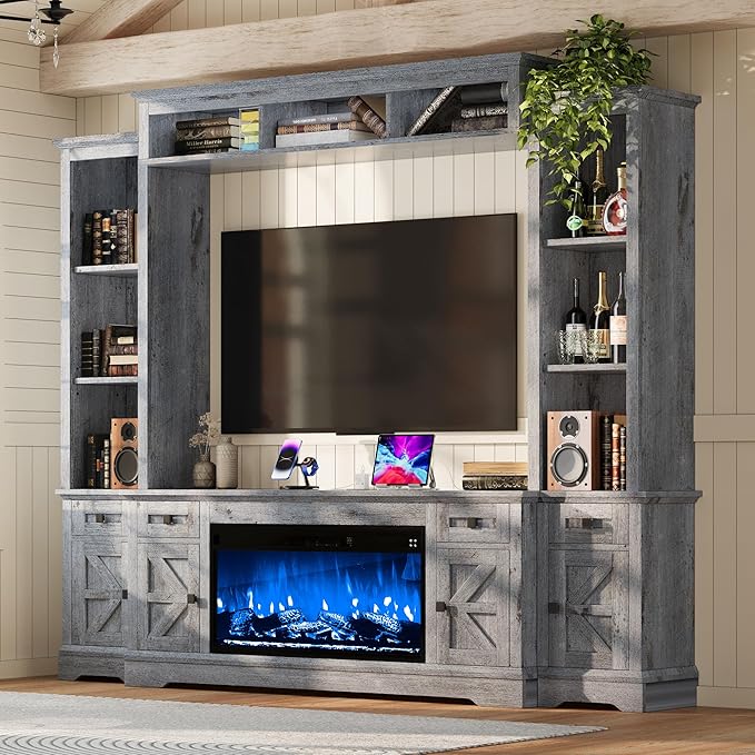 98" Farmhouse Entertainment Center with Electric Fireplace