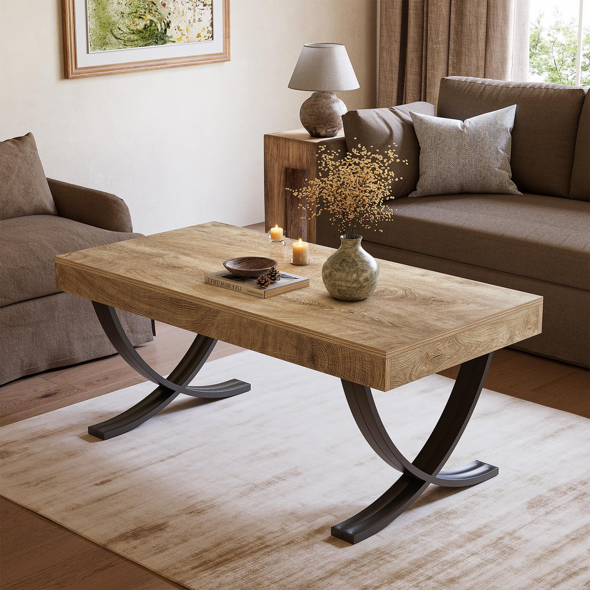 LITTLE TREE 47” Coffee Table, Rectangle Center Table for Living Room, Industrial Modern Living Room Table, Wood Coffee Table with Curved Cross Legs, Thickened Wood Grain Top, Rustic Brown & Black