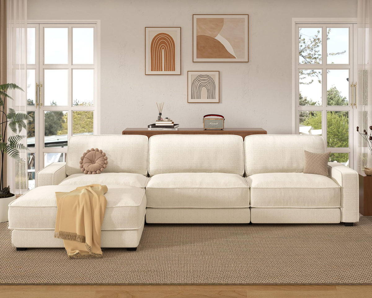 Vipbear 120" Oversized Modular Sectional Sofa, L Shaped Couch Set with 2 Pillows, 4 Seat Comfy Cloud Couches with Movable Ottoman for Living Room, Bedroom and Apartment, Chenille Beige