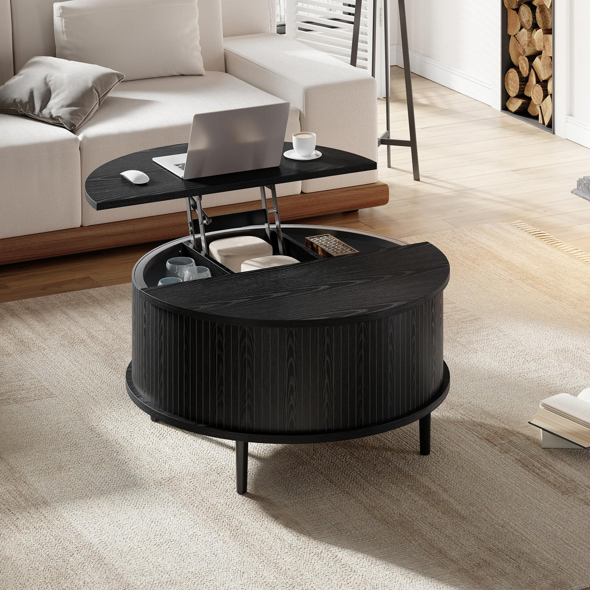 Garvee Round Coffee Table with Storage, 31.5" Lift Top Center Table, Black