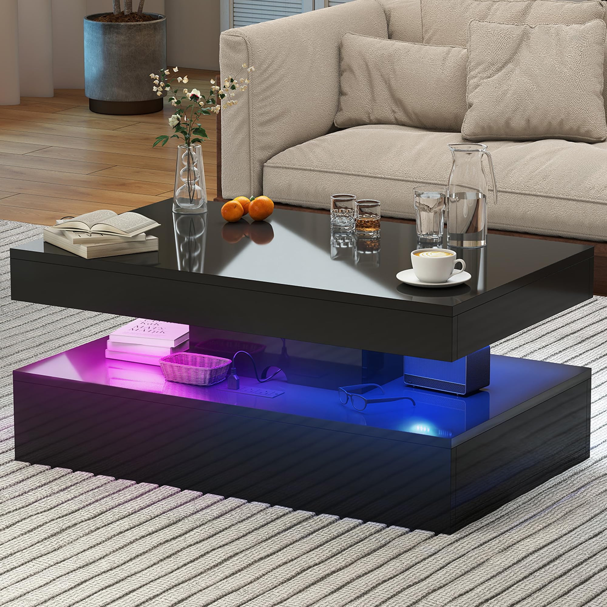 39” Modern High-Glossy LED Coffee Table with 2 Sliding Drawers, Living Room Storage Coffee Tables, Modern Stylish Double-Layer Center Tables with LED Lights, Black