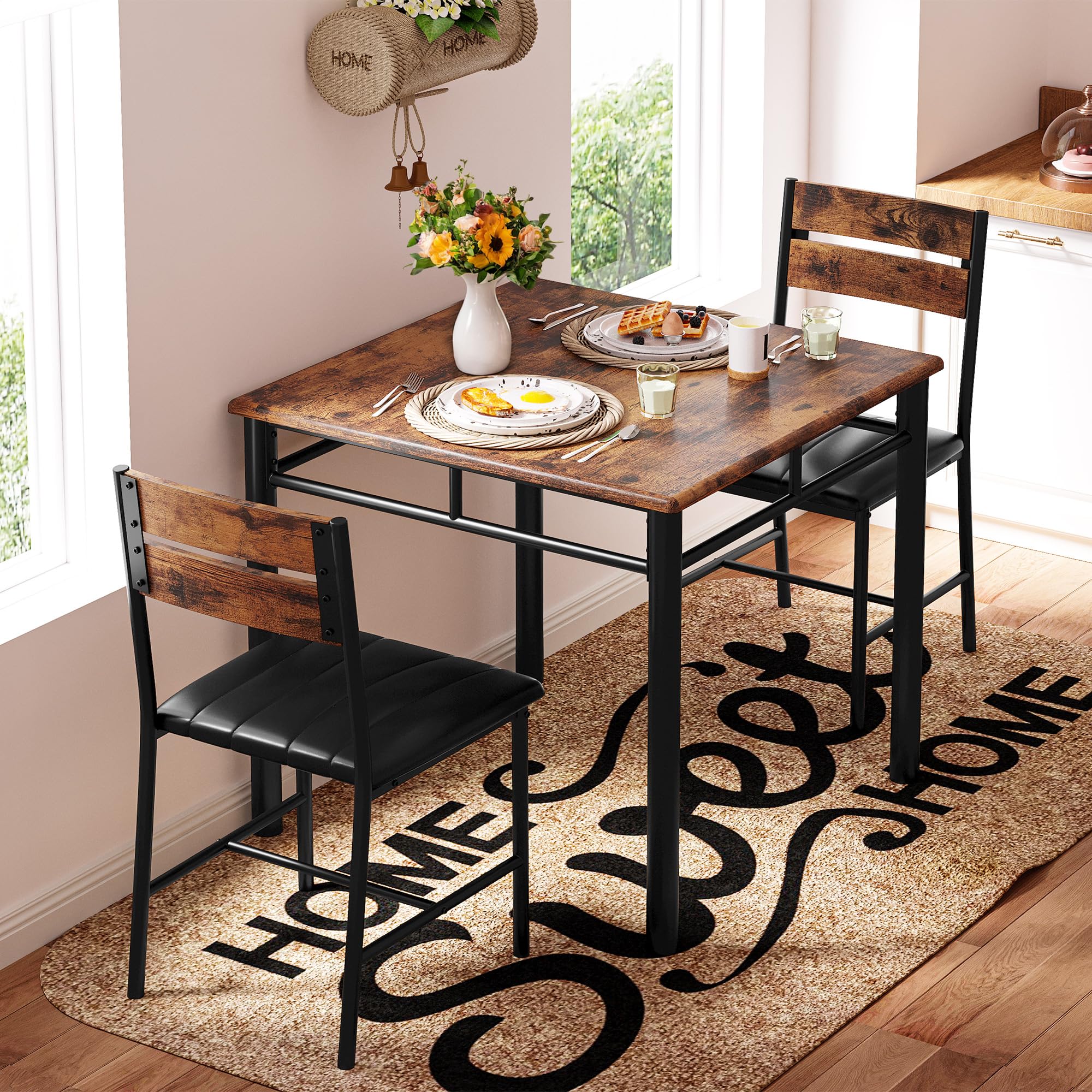 IRONCK Dining Table Set for 2, Small Kitchen Table with Upholstered Chairs Dinning Table Set for Kitchen & Dining Room, Compact Dining Set for Small Spaces, Rustic Brown